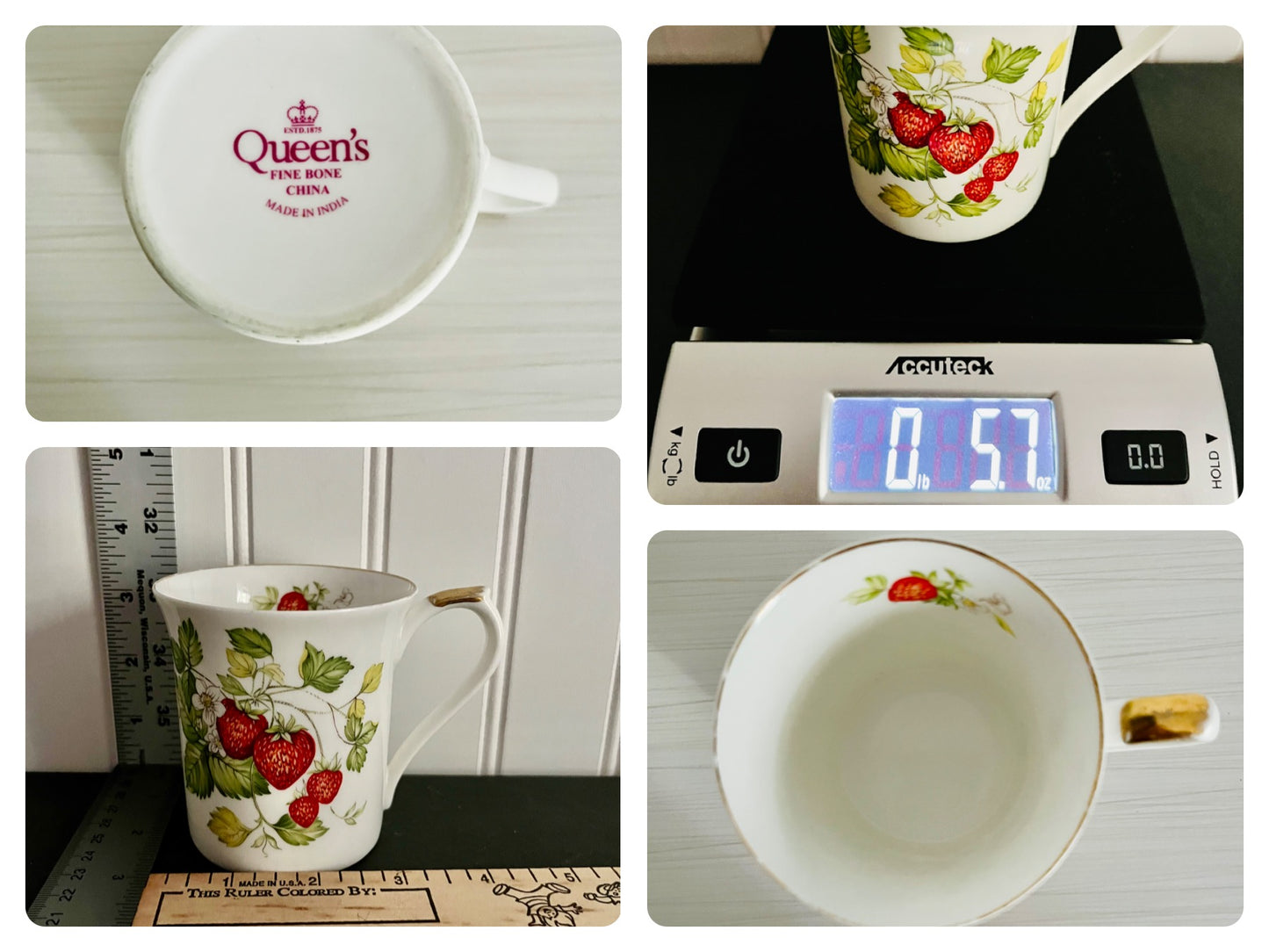 Queen’s Fine Bone China Strawberry Teacup - ESTD. 1875, Made in India, 5.7 oz