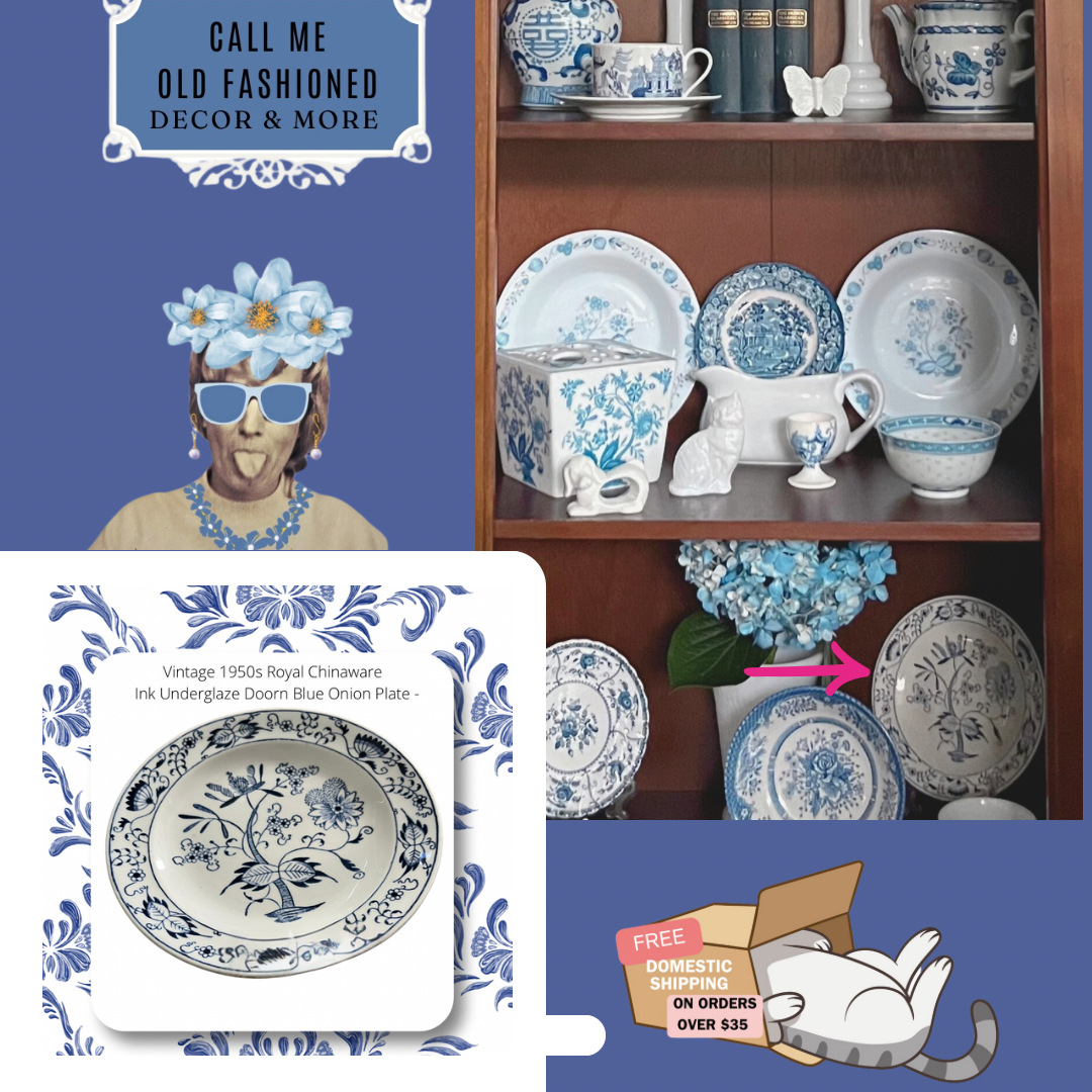 Vintage 1950s Royal Chinaware Ink Underglaze Doorn Blue Onion Plate - 7 Inches