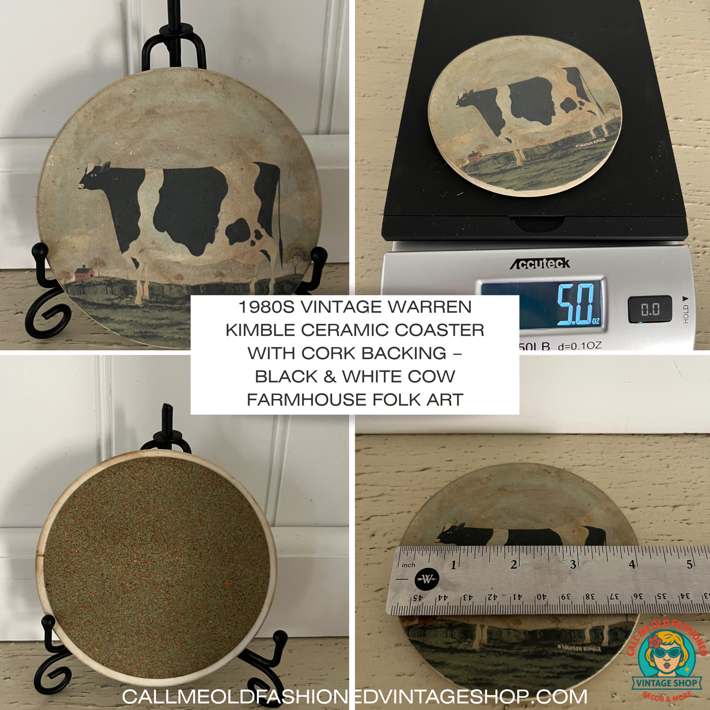 1980s Vintage Warren Kimble Coasterstone with Cork Backing – Black & White Cow Farmhouse Folk Art
