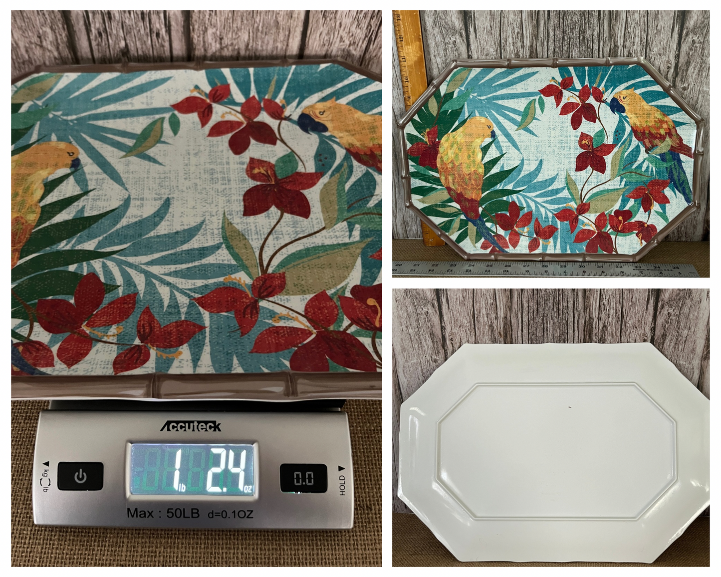 Vintage Melamine Tropical Parrots & Birds Serving Tray with Flowers & Bamboo, 15” x 11”