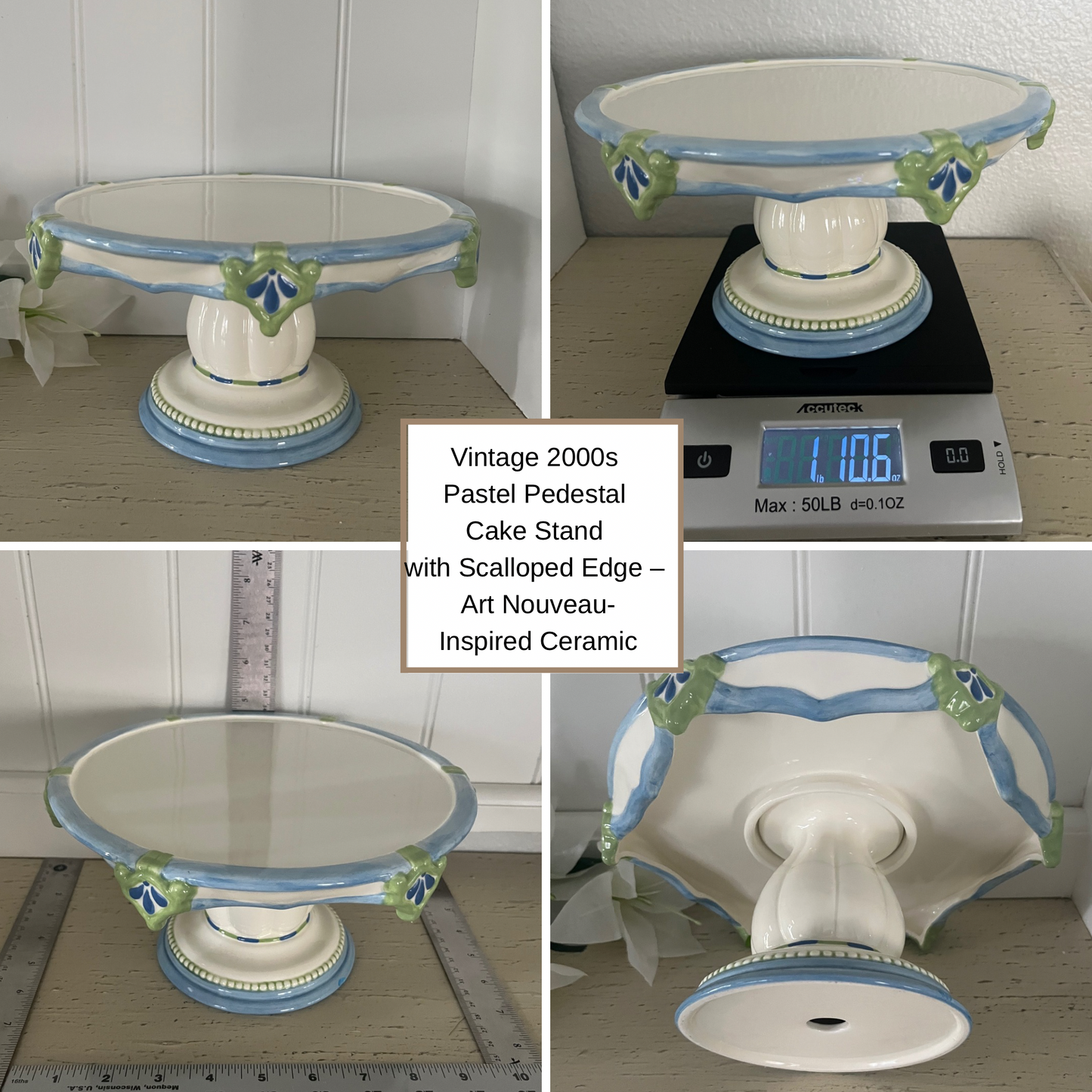 Vintage 2000s Pastel Pedestal Cake Stand with Scalloped Edge – Art Nouveau-Inspired Ceramic