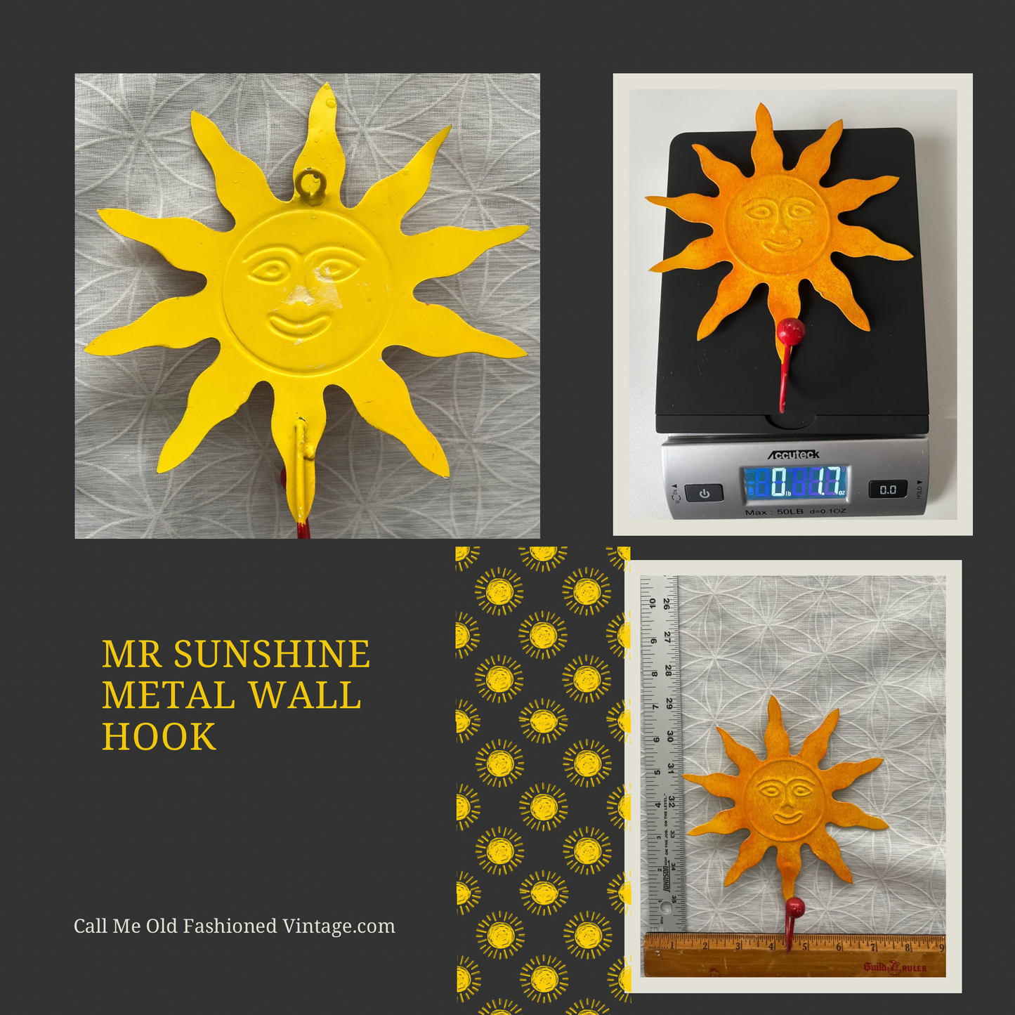 Vintage Mr Sun-Shine Deep Orange Yellow Metal Wall Hook