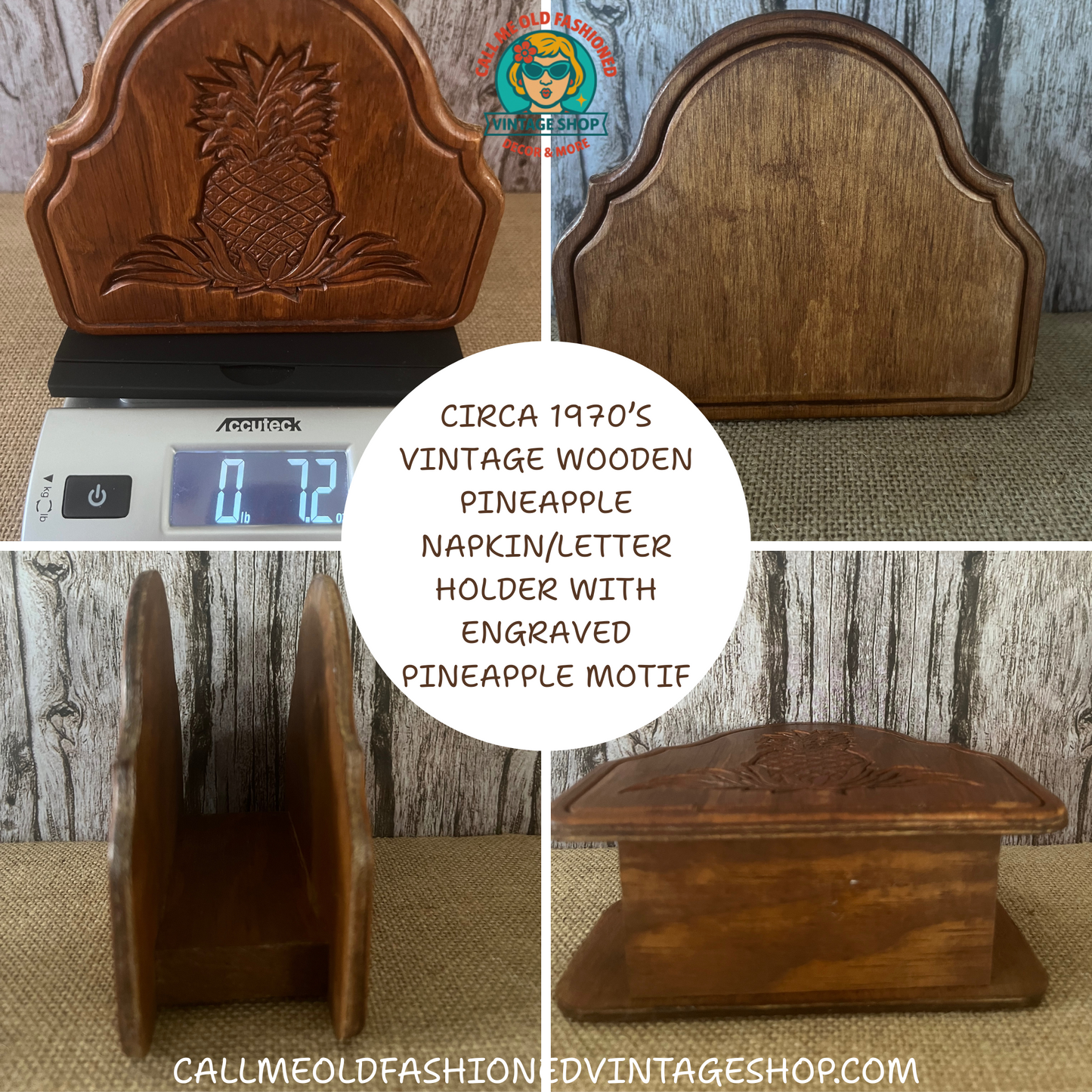 Circa 1970’s Vintage Wooden Pineapple Napkin/Letter Holder with Engraved Pineapple Motif