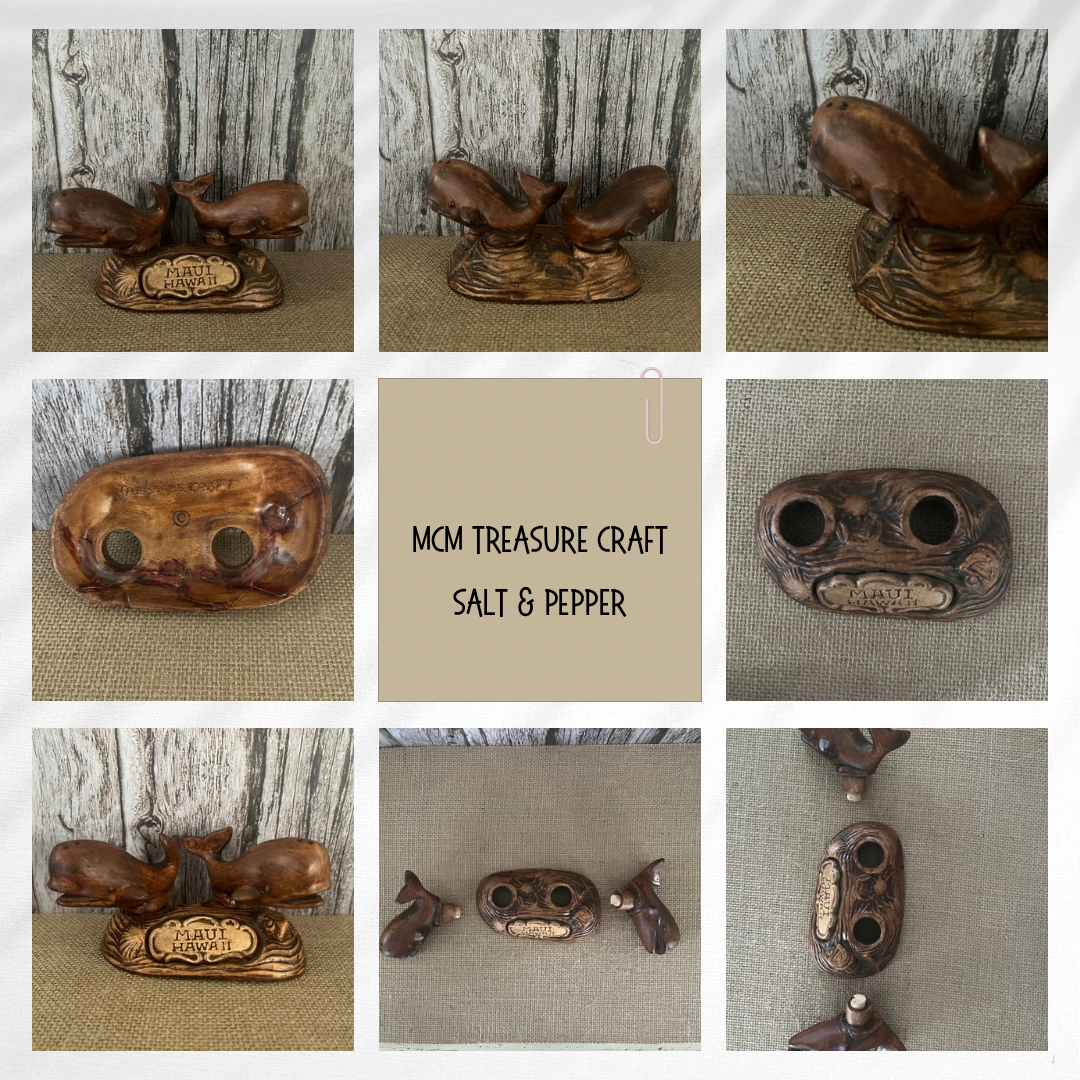 Circa 1960’s Vintage Treasure Craft Maui Hawaii Whales Salt & Pepper Shaker Set -