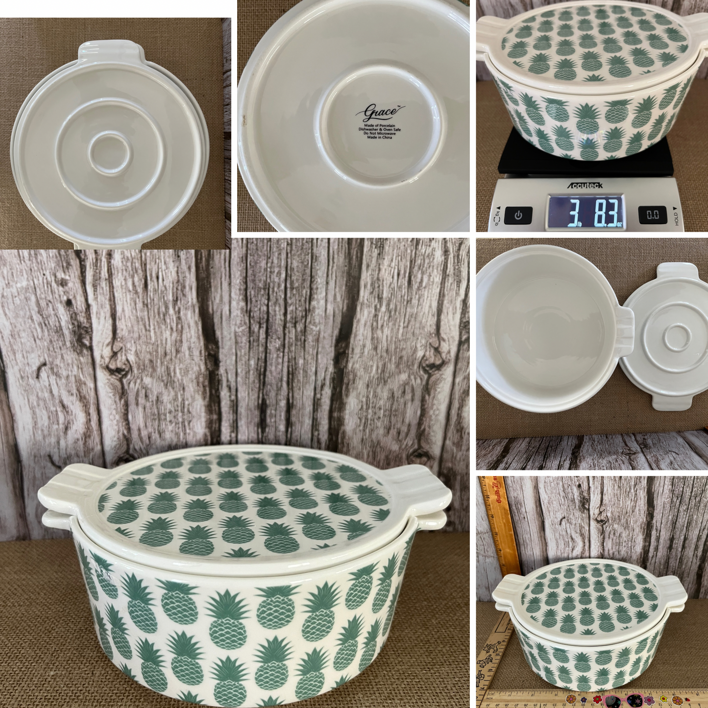 Grace Porcelain Round Casserole Dish with Lid - Aloha Tiki Islands Fusion Theme | Vintage Green Pineapples Design