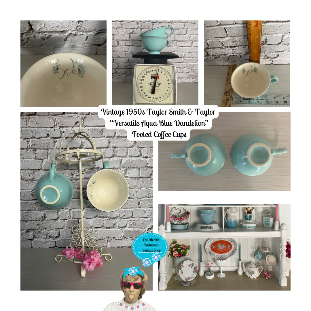 Vintage 1950s Taylor Smith & Taylor “Versatile Aqua Blue Dandelion” Footed Coffee Cups – Set of 2