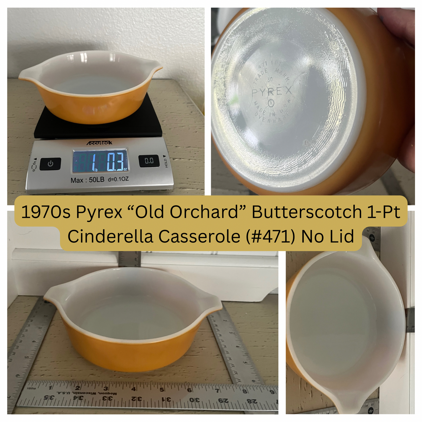 1970s Pyrex “Old Orchard” Butterscotch Orange 1-Pt Cinderella Casserole (#471) No Lid