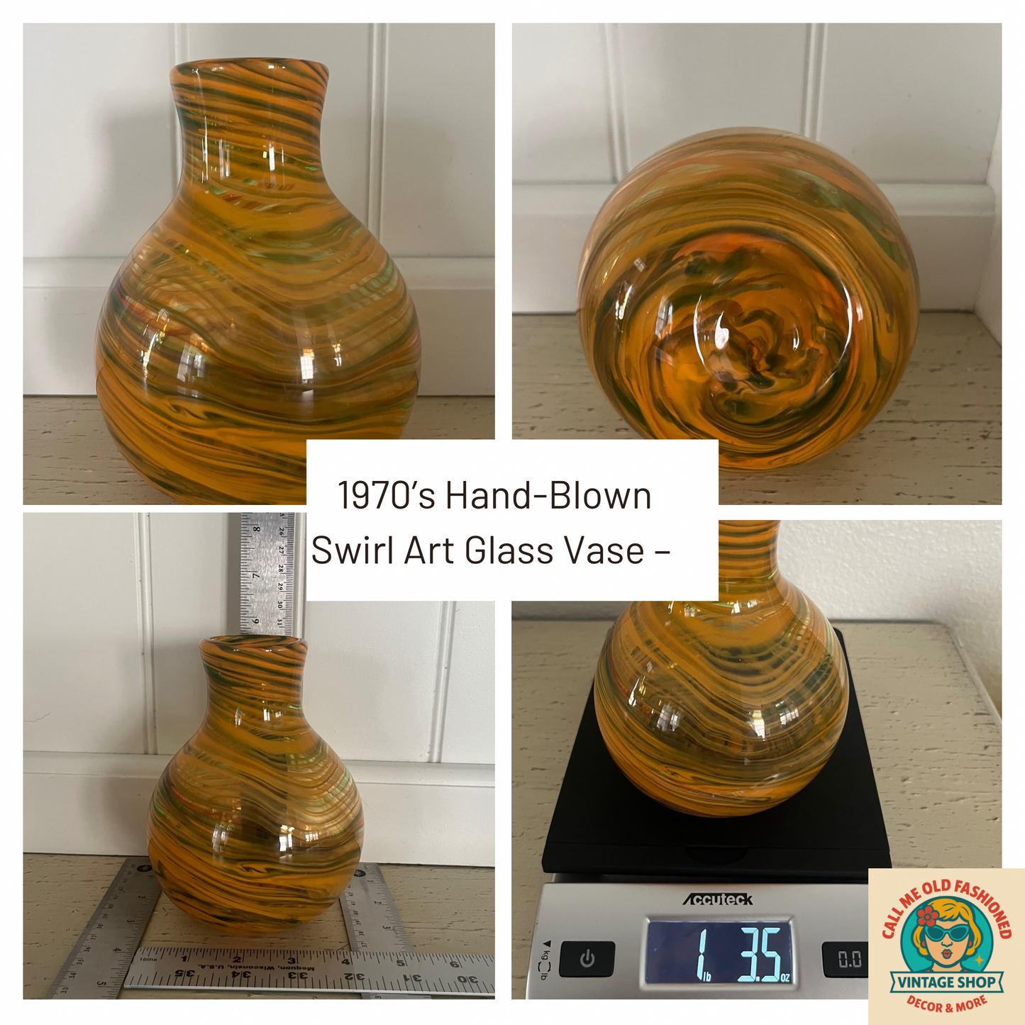 1970s Hand-Blown Swirl Art Glass Vase – Orange & Green Marbled Pattern | 6” Tall