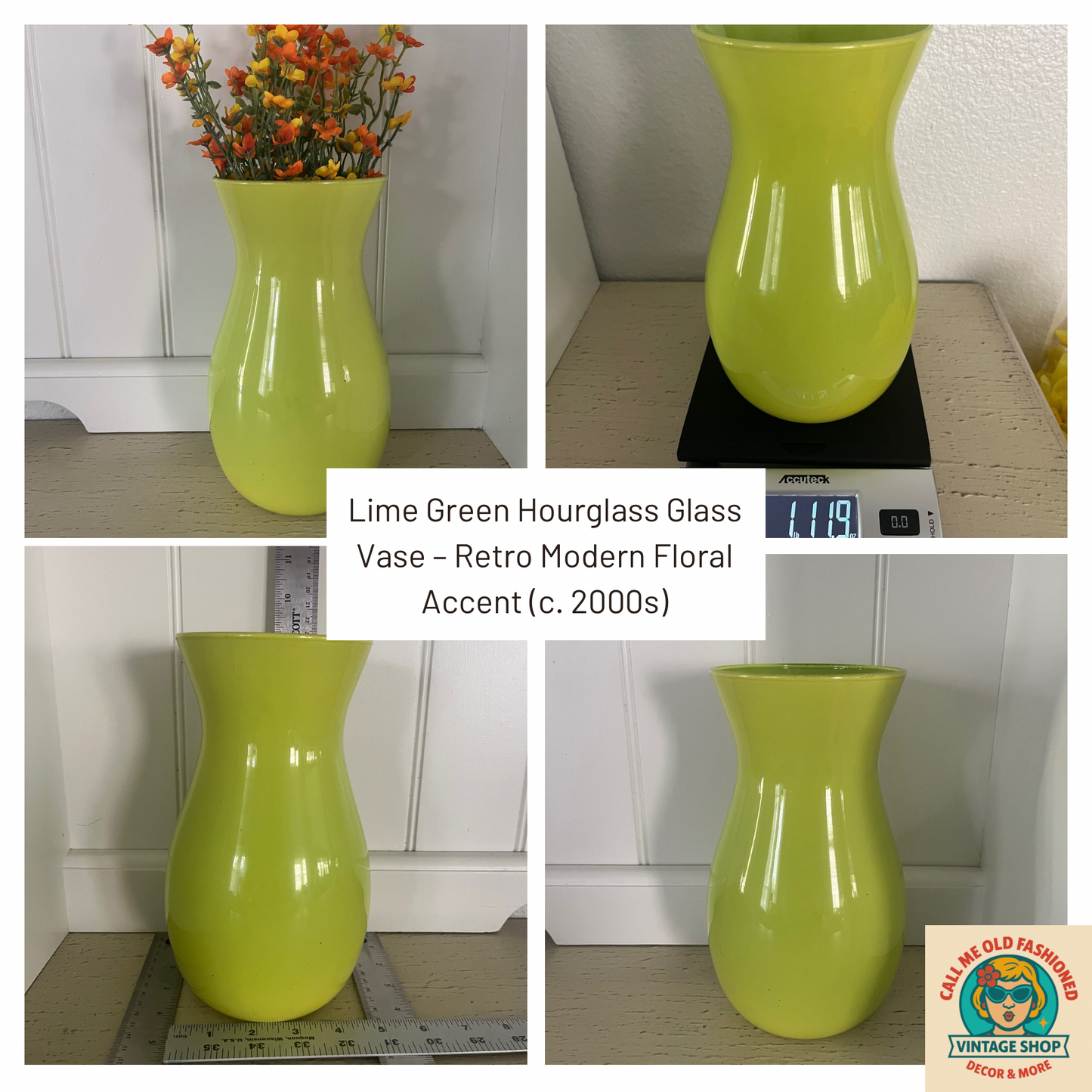 Lime Green Hourglass Glass Vase – Retro Modern Floral Accent (c. 2000s)