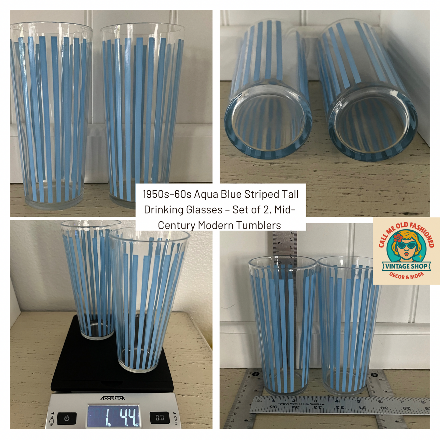 1950s–60s Aqua Blue Striped Tall Drinking Glasses – Set of 2, Mid-Century Modern Tumblers