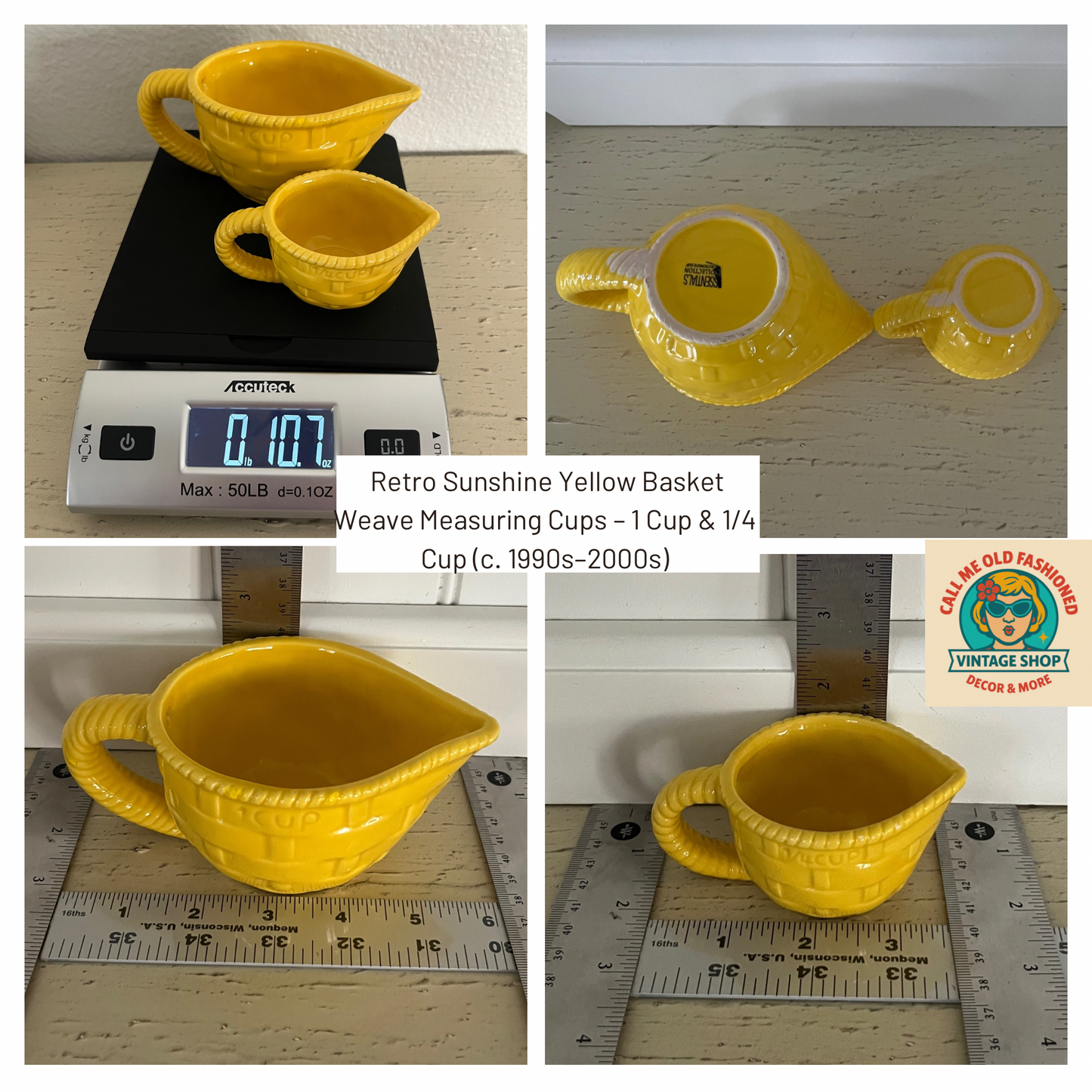 Retro Sunshine Yellow Basket Weave Measuring Cups – 1 Cup & 1/4 Cup (c. 1990s–2000s)