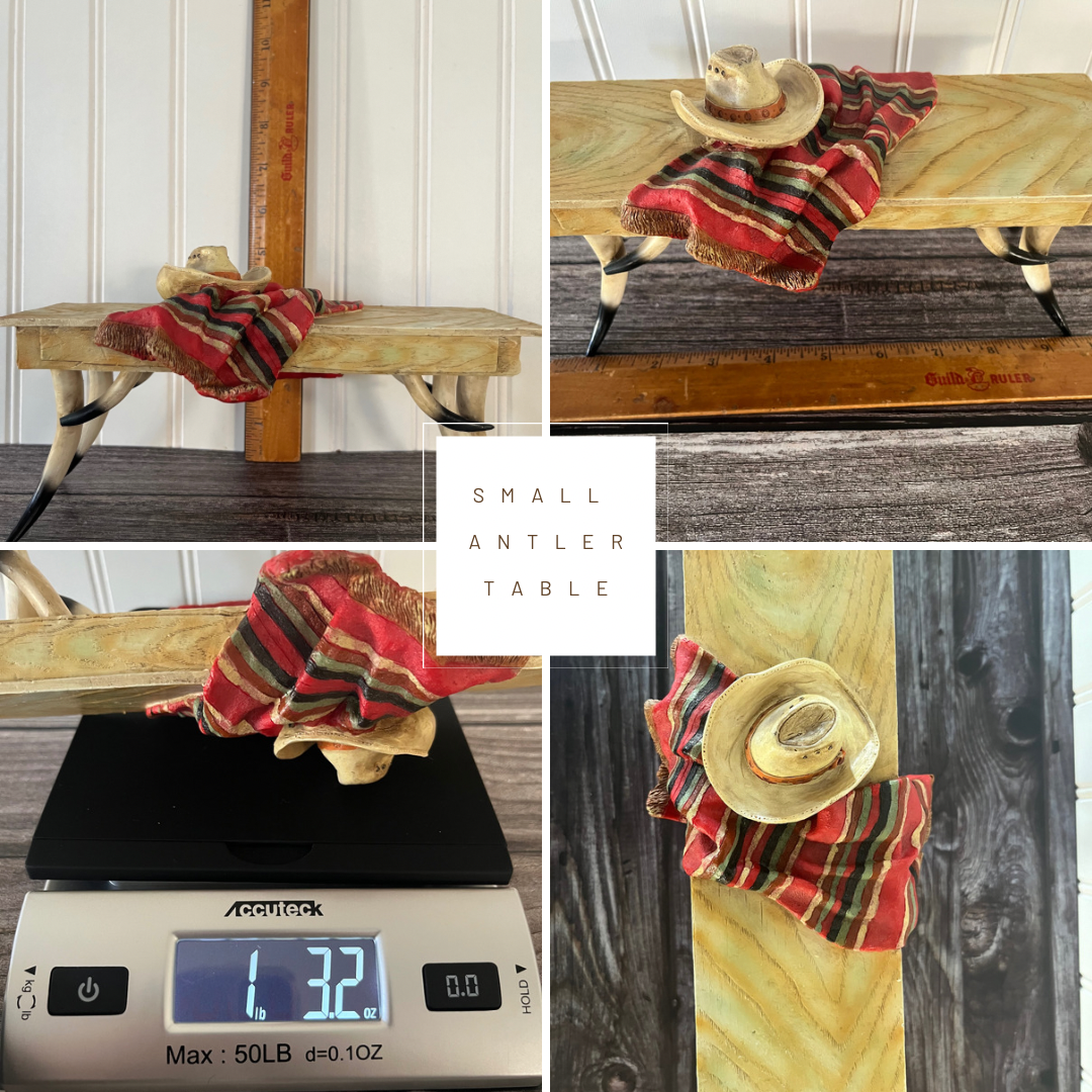Vintage Small Display Resin Western Antler Table With Cowboy Hat and Blanket - 5”H x 10”L x 2”W