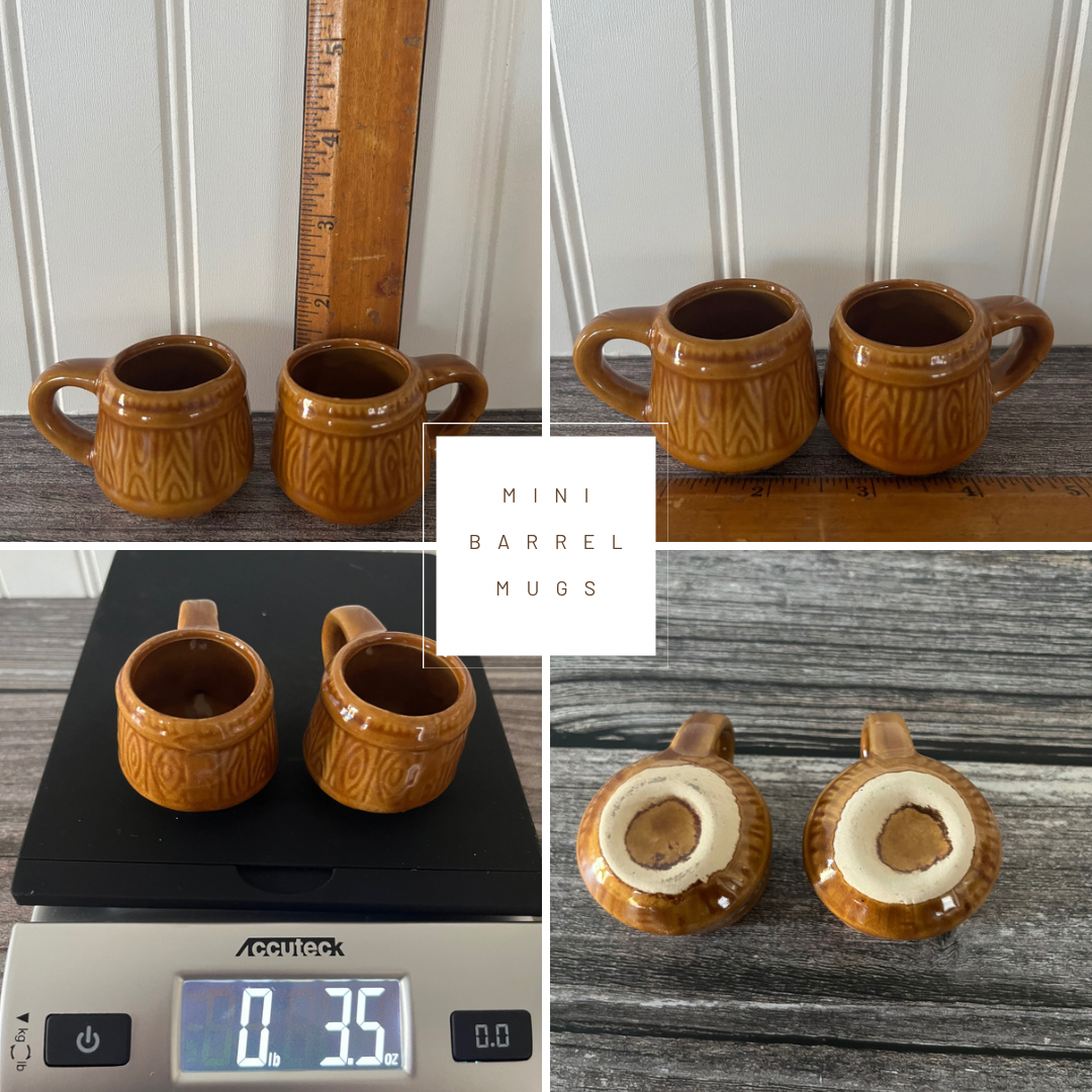 Pair of Vintage Beer Barrel Shaped Glazed Honey Brown Pottery Mini Mugs