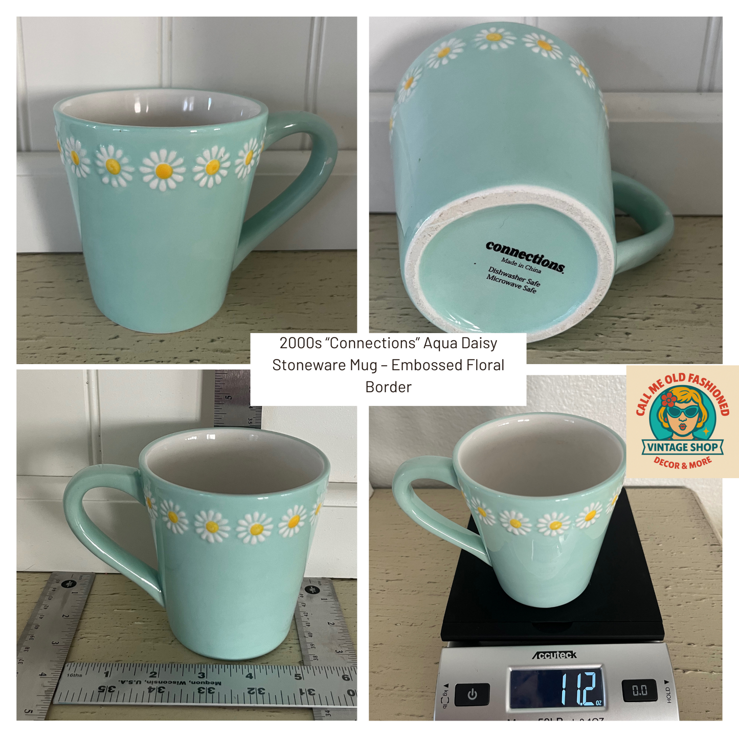2000s “Connections” Aqua Daisy Stoneware Mug – Embossed Floral Border
