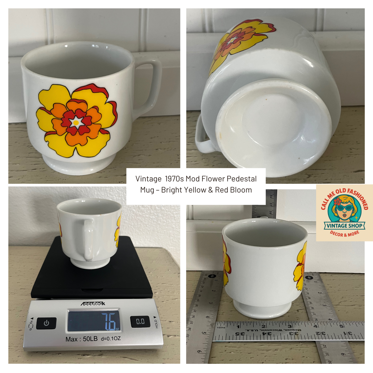 Vintage 1970s Mod Flower Pedestal Mug – Bright Yellow & Red Bloom