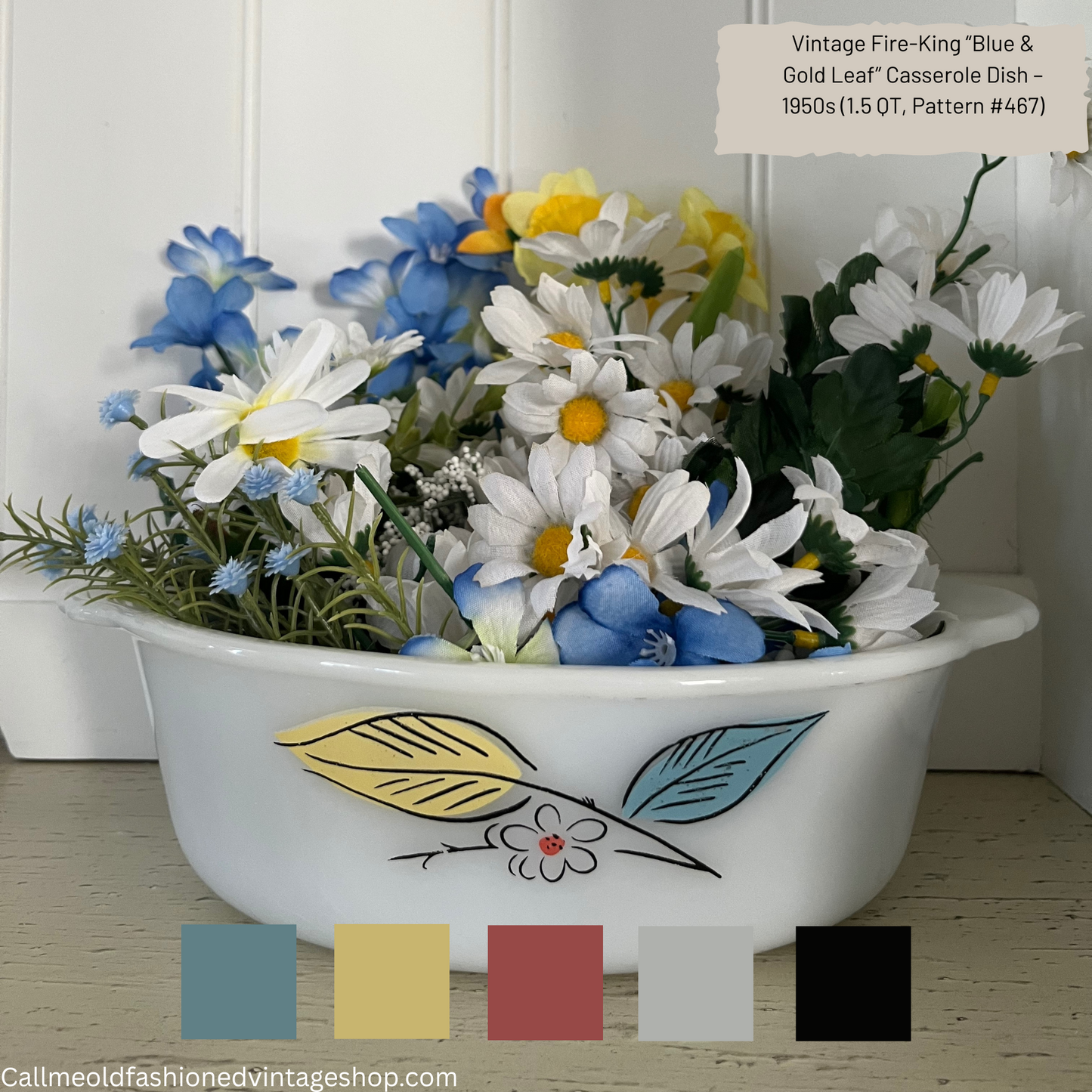 Vintage Fire-King “Blue & Gold Leaf” Casserole Dish – 1950s (1.5 QT, Pattern #467)
