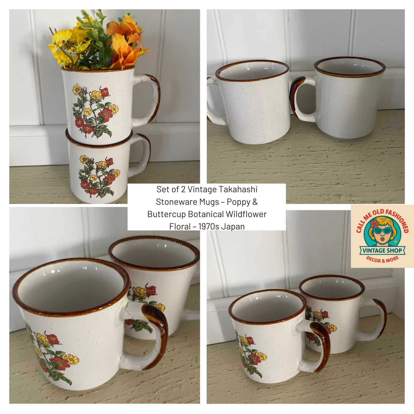 Set of 2 Vintage Takahashi Stoneware Mugs – Poppy & Buttercup Botanical Wildflower Floral – 1970s Japan