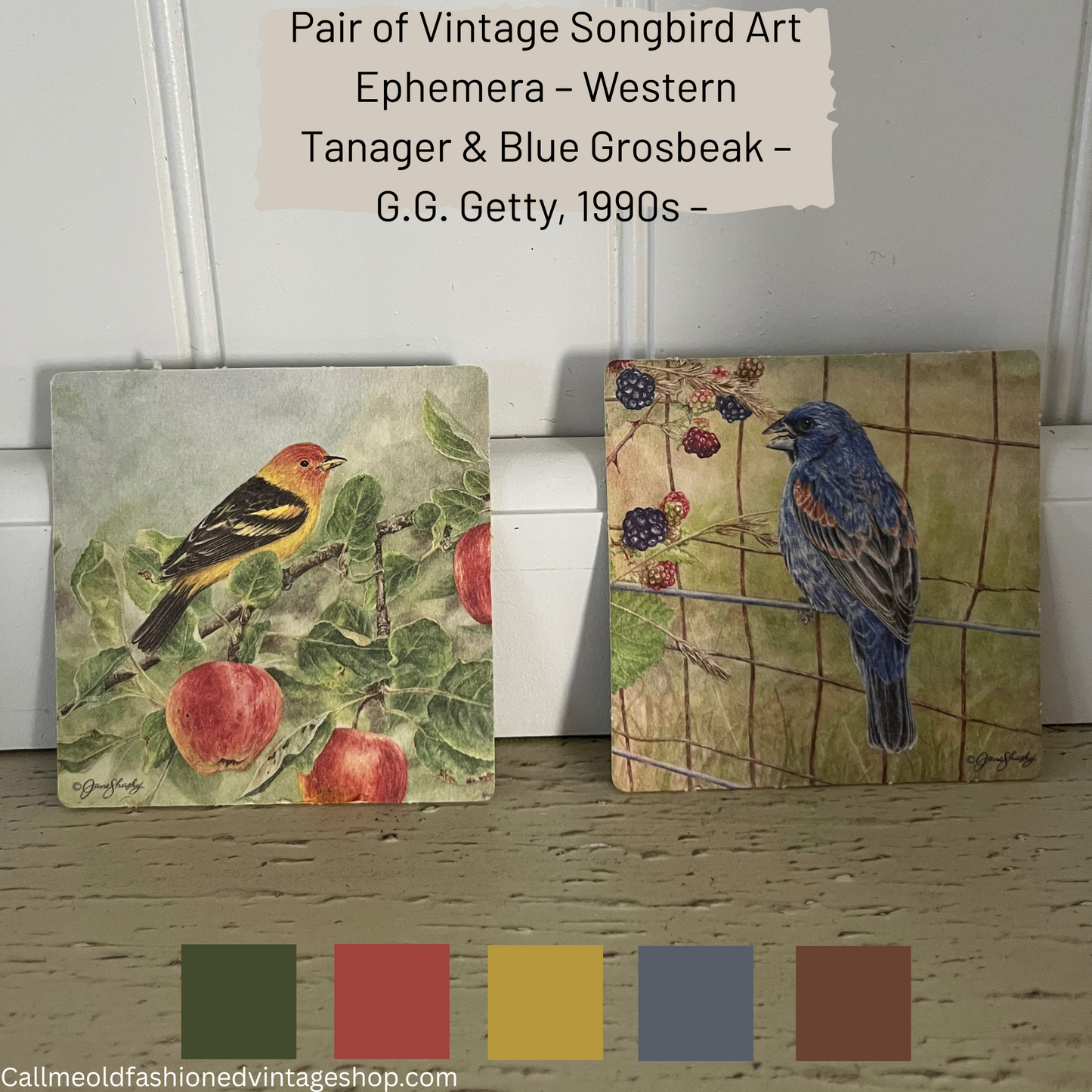 Pair of Vintage Songbird Art Ephemera – Western Tanager & Blue Grosbeak – G.G. Getty, 1990s