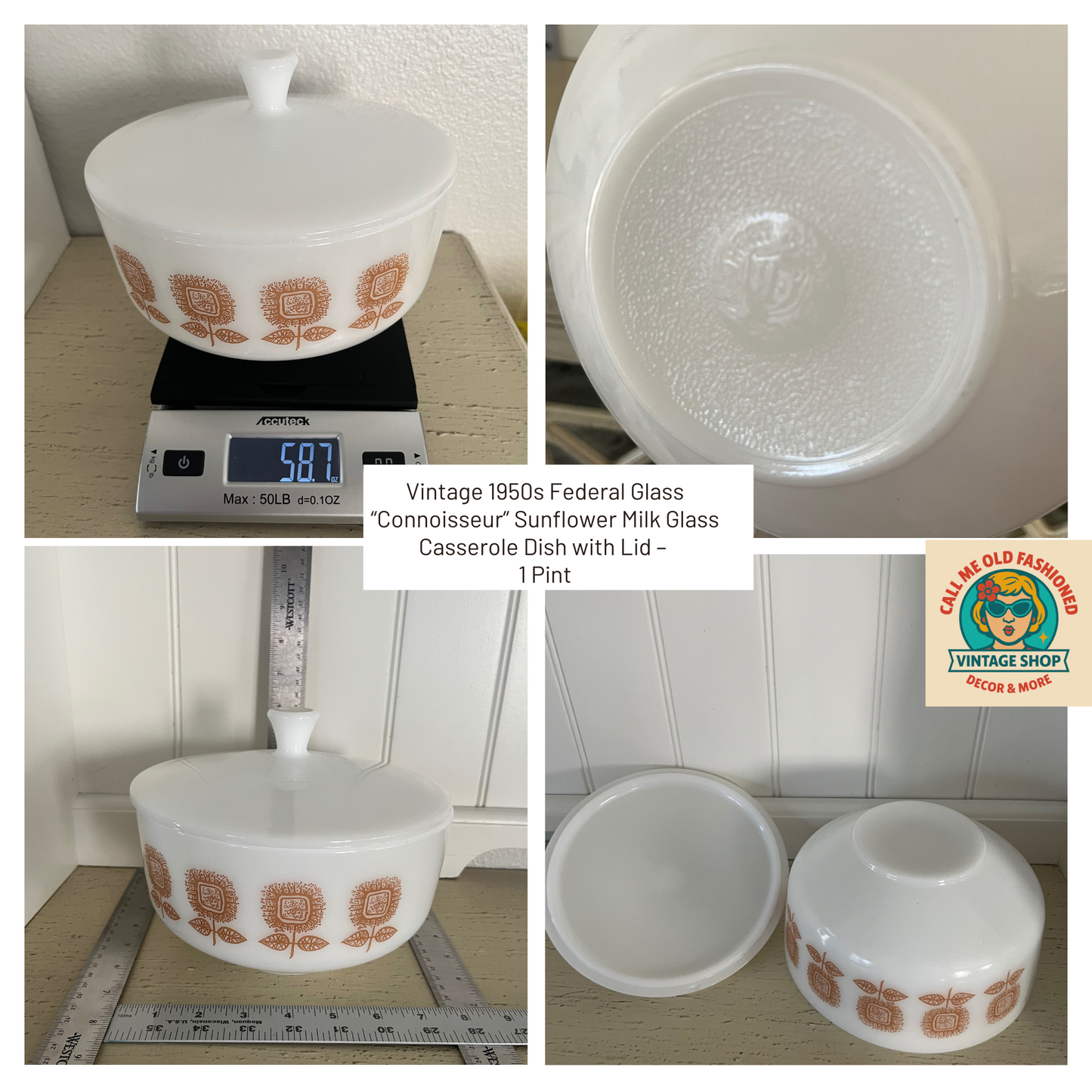 Vintage 1950s Federal Glass “Connoisseur” Sunflower Milk Glass Casserole Dish with Lid – Mid-Century Modern Charm