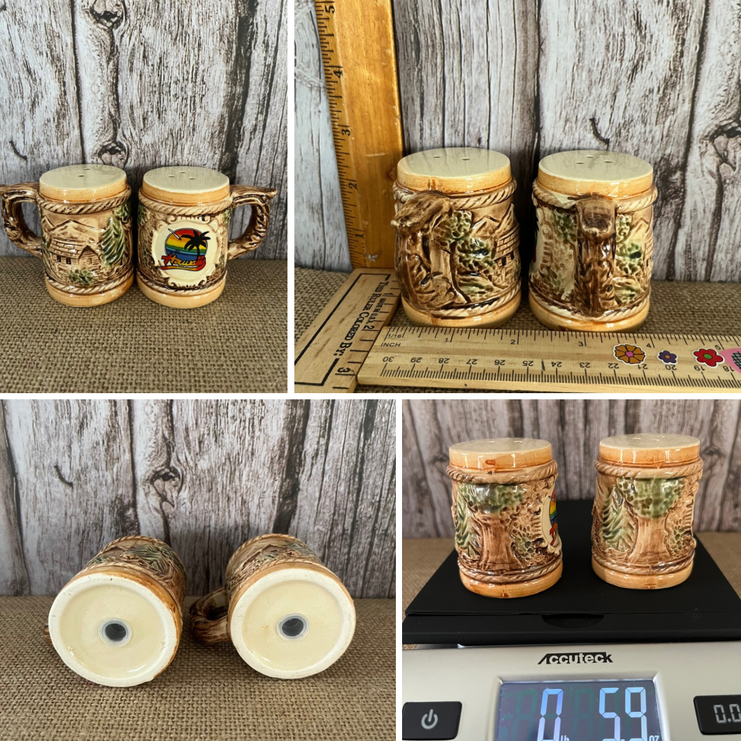 Vintage Circa 1960’s Aloha Tiki Ceramic Salt & Pepper Set | Vintage German Beer Stein Style | Hawaii Transfer Design