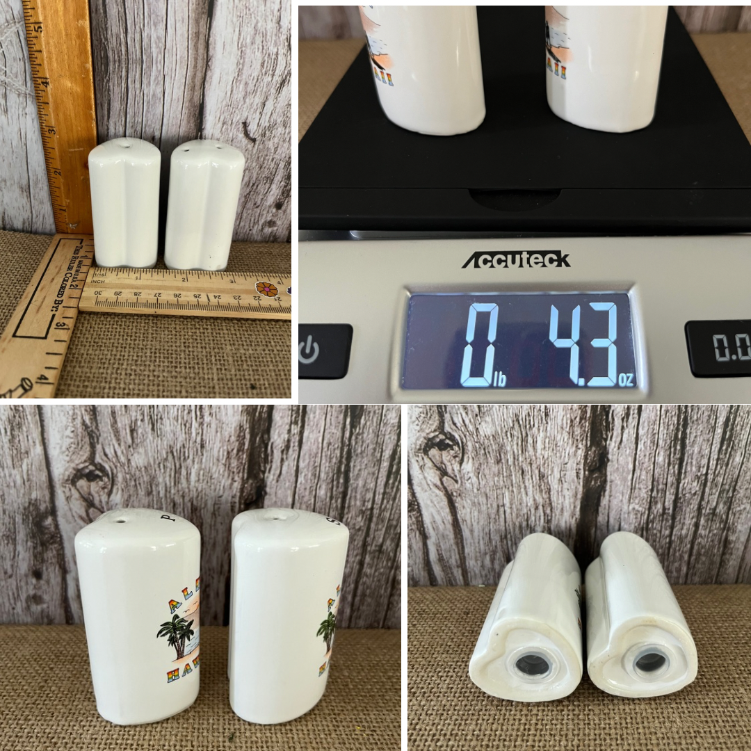 Vintage Aloha Hawaii Souvenir Ceramic Salt & Pepper Set, Heart Cylinder Shape, Circa 1960s Palm Tree Beach Scene
