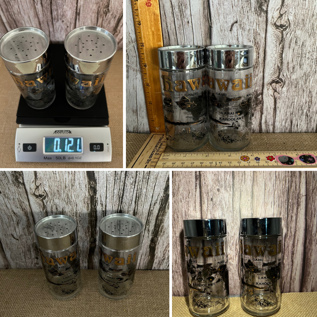 Vintage Hawaii Souvenir Black & Gold Glass Salt & Pepper Shakers, 5” Vintage Kitsch Tiki Decor