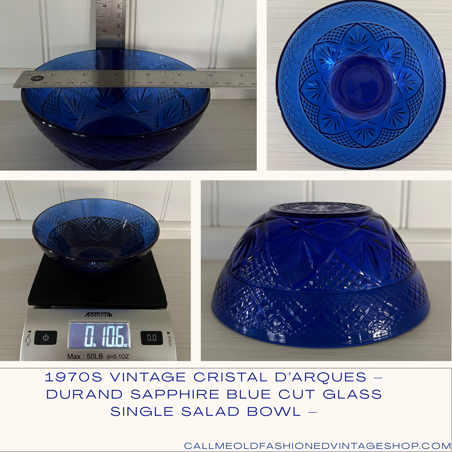 1970s Vintage Cristal D’Arques Durand Sapphire Blue Cut Glass Bowl –
