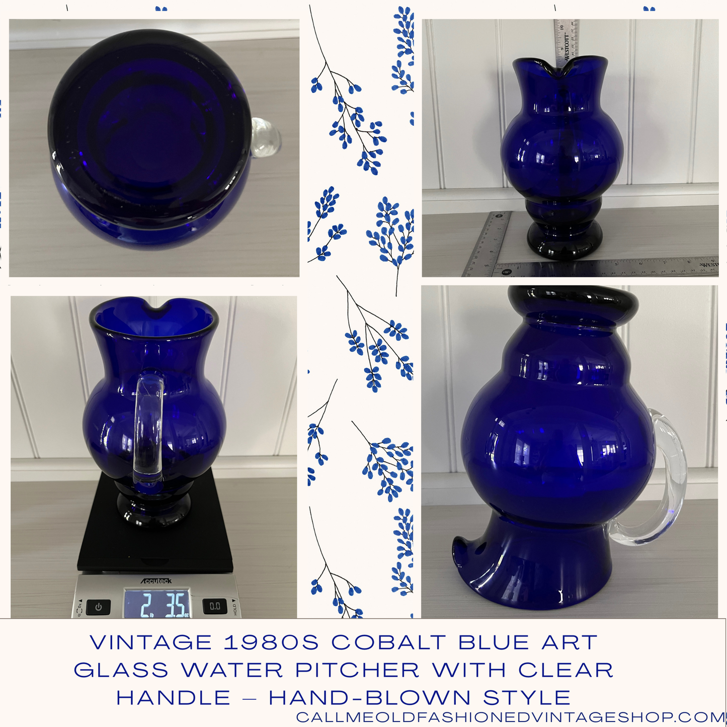 Vintage 1980s Cobalt Blue Glass Water Pitcher with Clear Handle – Hand-Blown Style