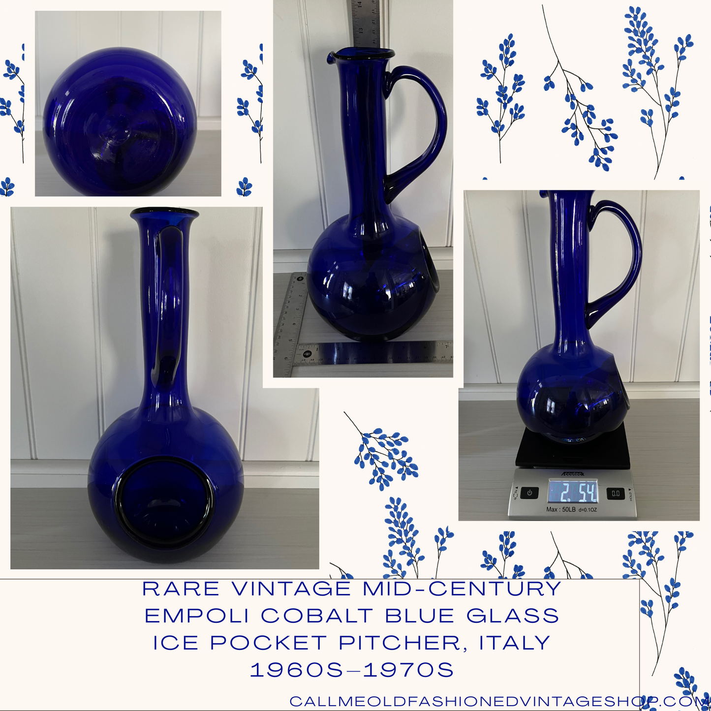 Vintage Mid-Century Italian Empoli Cobalt Blue Glass Genie Pitcher with Applied Bullseye, c. 1960s–1970s