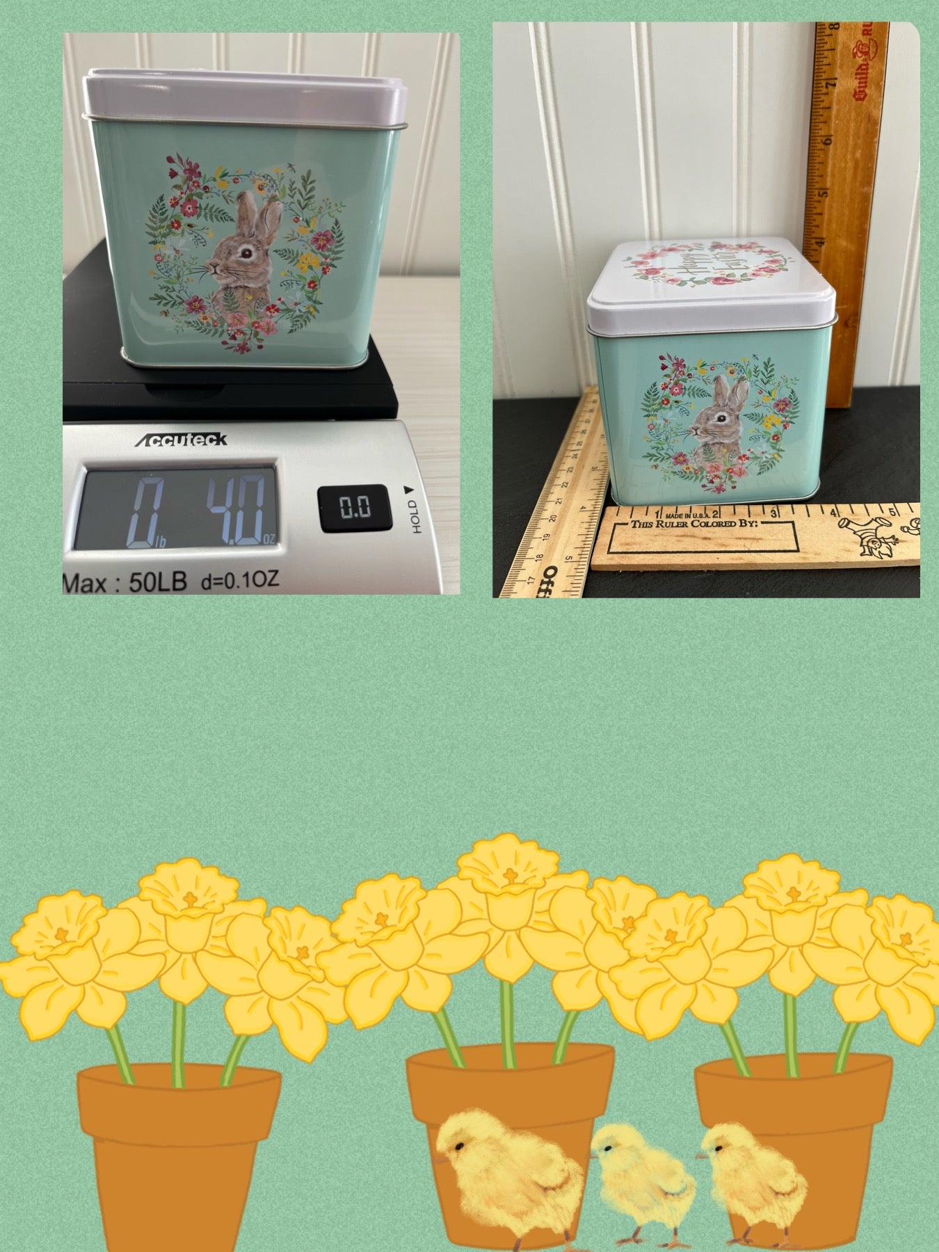 Brown Bunny Rabbit with Spring Flowers Mint Green 4” Sq Tin with Lid