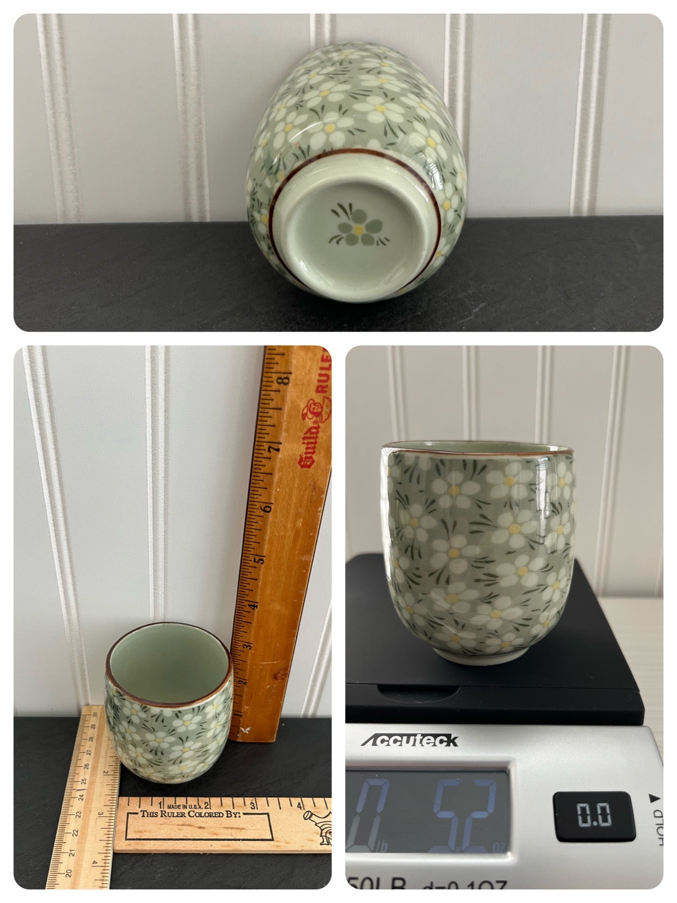 Vintage Japanese Daisy Sage Green Teacup - Asian Style Porcelain Hand Painted Floral Cup