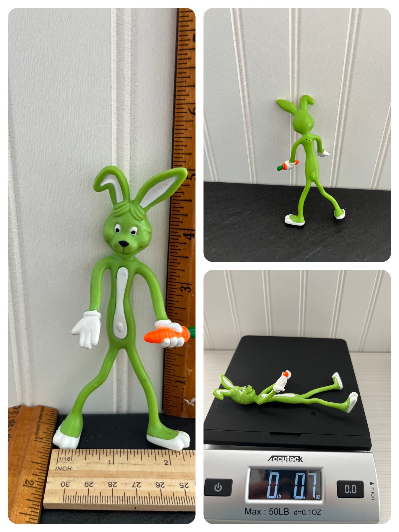 Vintage 1980s 90s Green Easter Bend D Bunny Bendy Toy - 5” Spring Bunny with Carrot