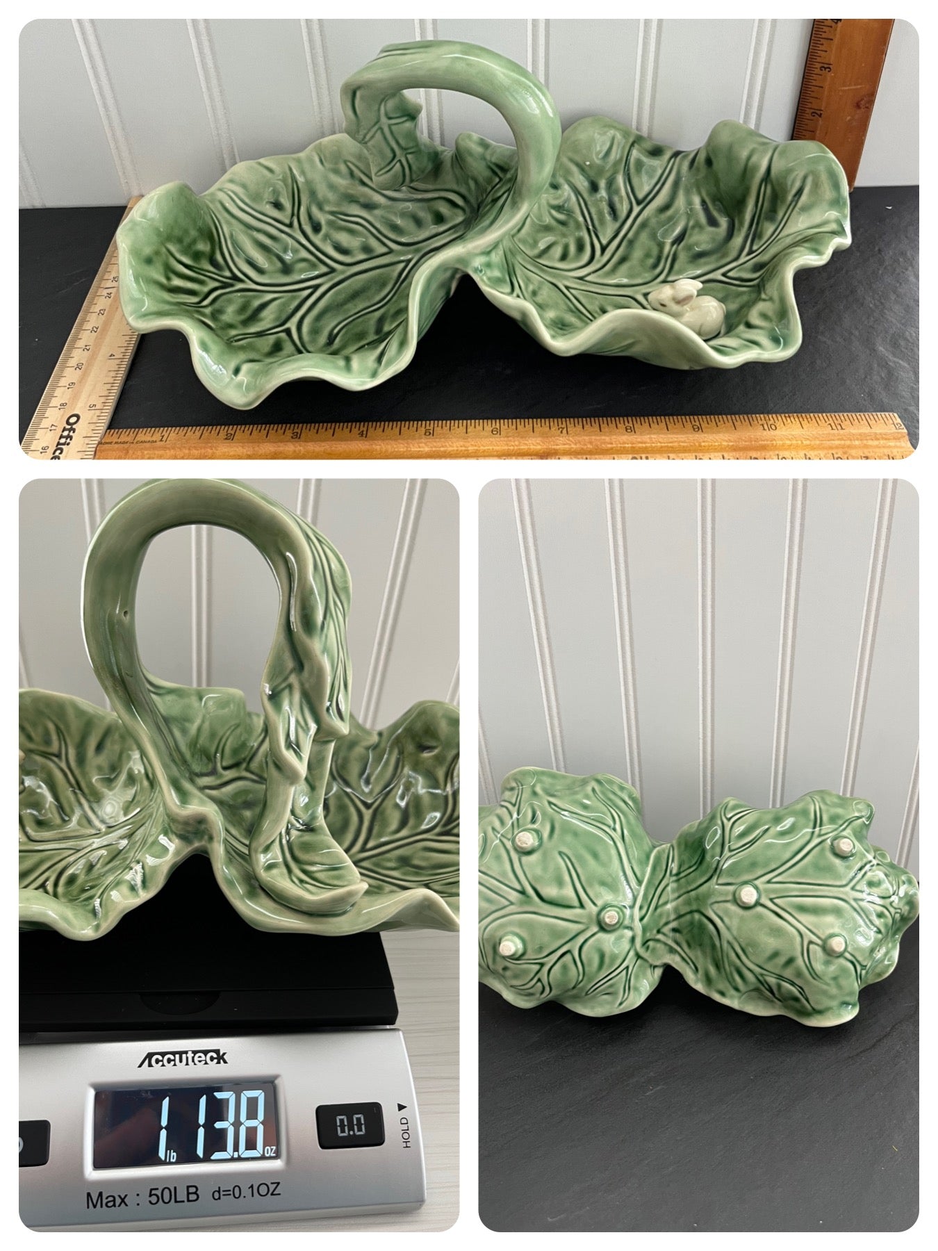 Vintage 1980s Majolica-Style Lettuce Leaf Divided Dish with Bunny – Cabbageware Charm