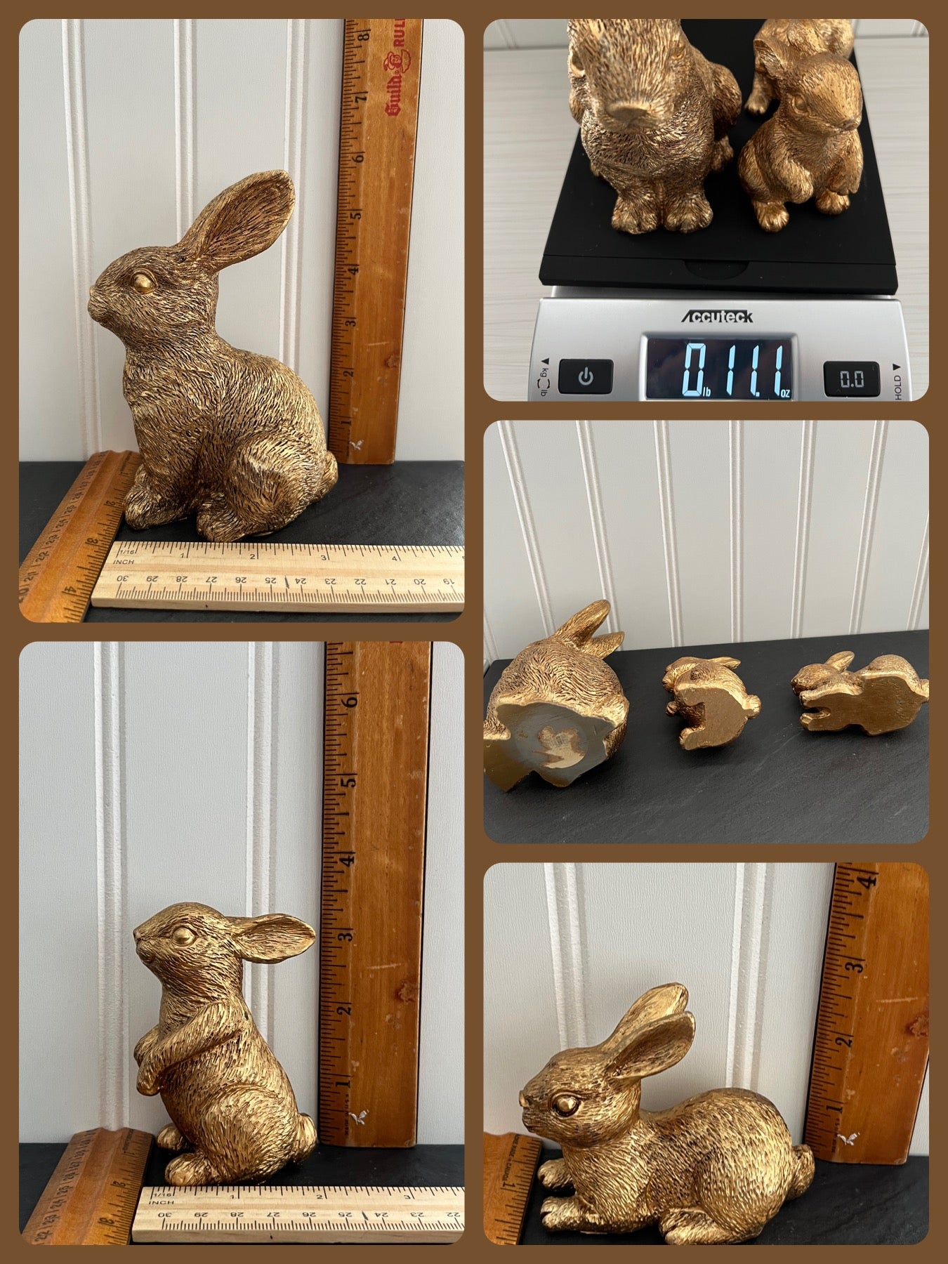Set of 3 Gold Resin Bunny Rabbit Figurines