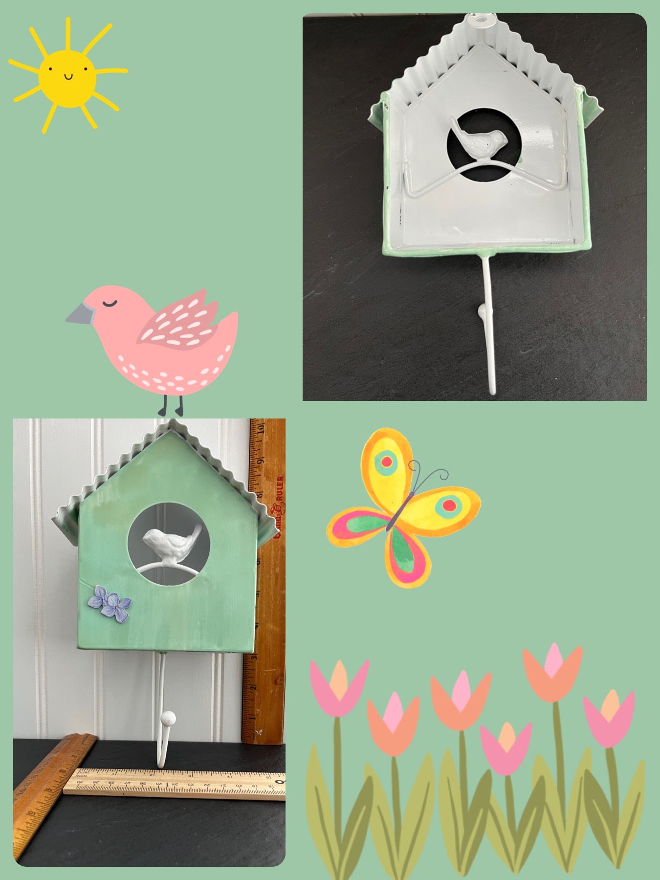 Green Metal Wall Hook Birdhouse With White Bird