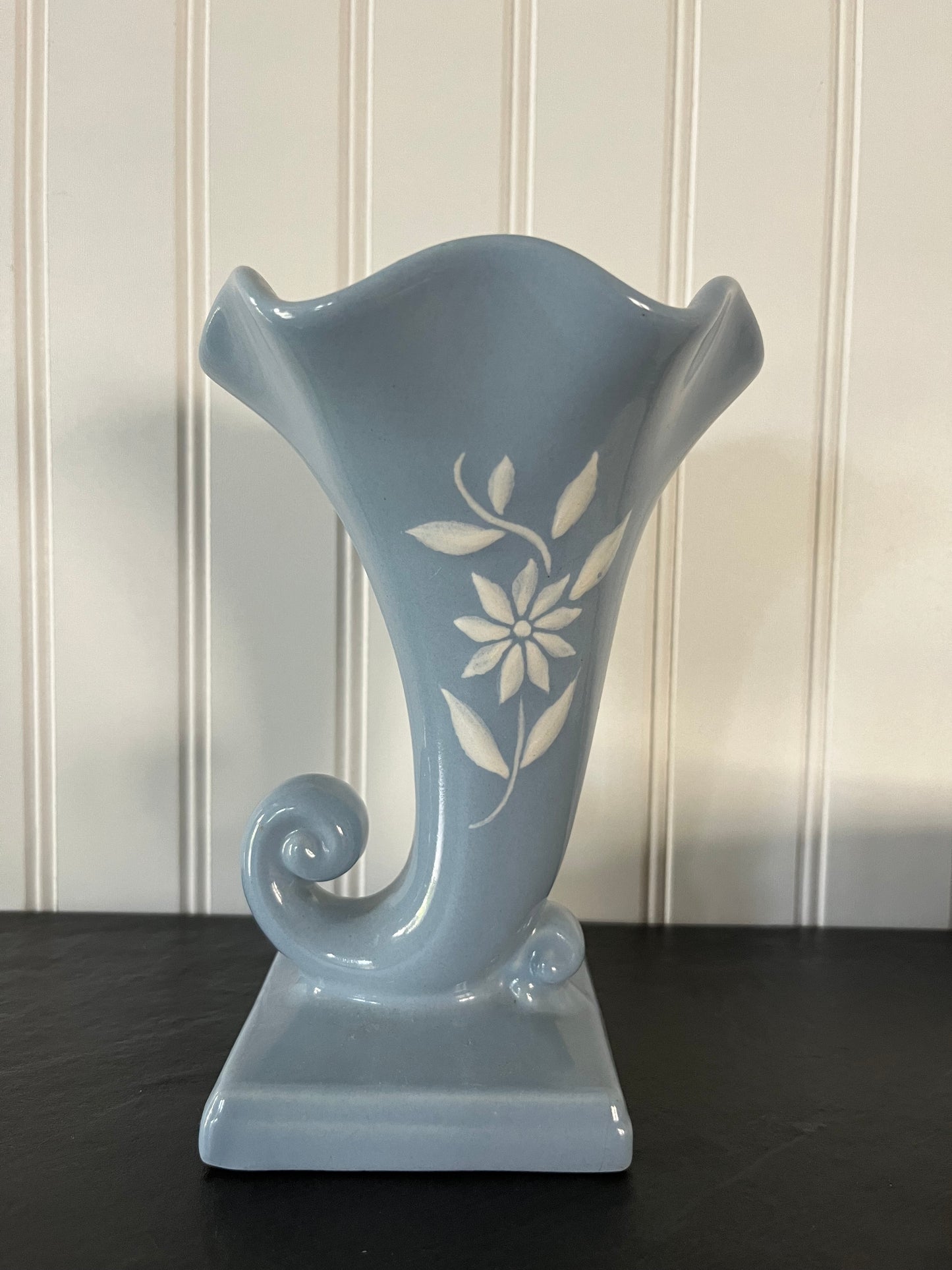 Vintage Mid Century Art Deco Blue and White Abingdon Pottery Cornucopia Vase - 8" High - Floral Motif