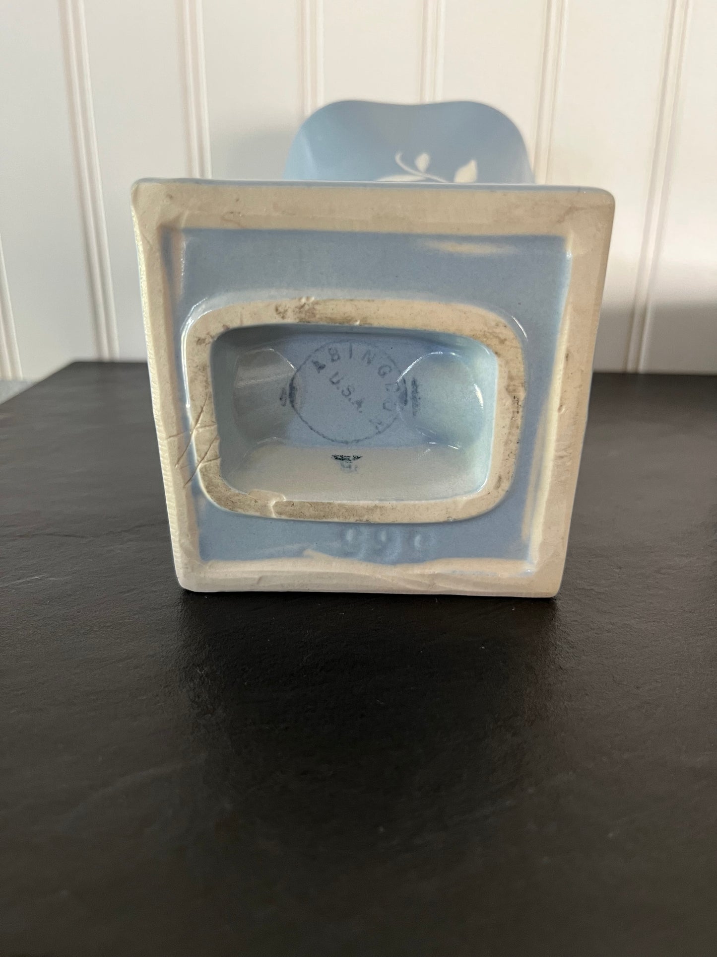 Vintage Mid Century Art Deco Blue and White Abingdon Pottery Cornucopia Vase - 8" High - Floral Motif