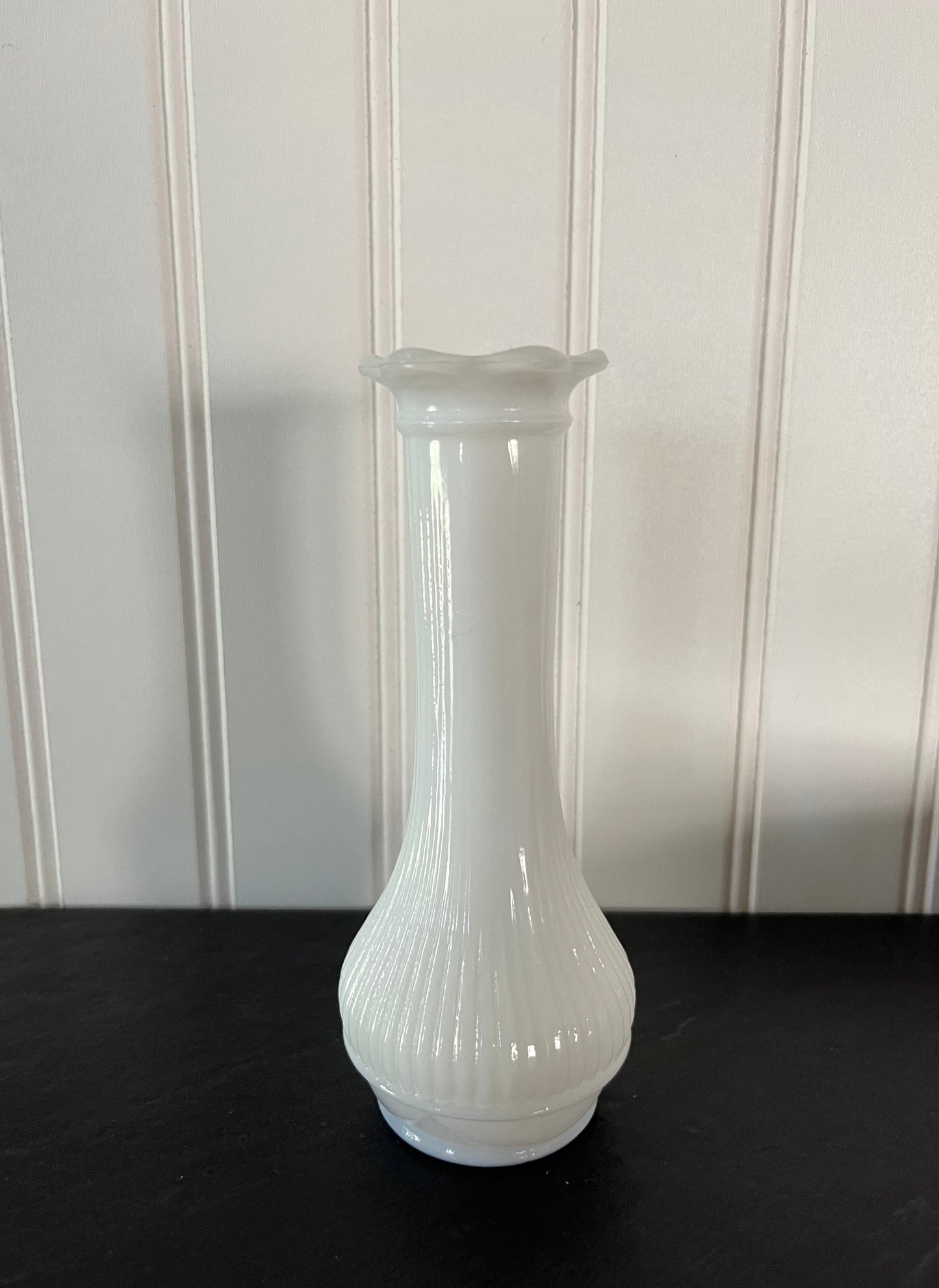 Vintage Loeffler Randall White Milk Glass Bud Vase Pair- Scalloped Daisy Flower Petal Lip - 6" High