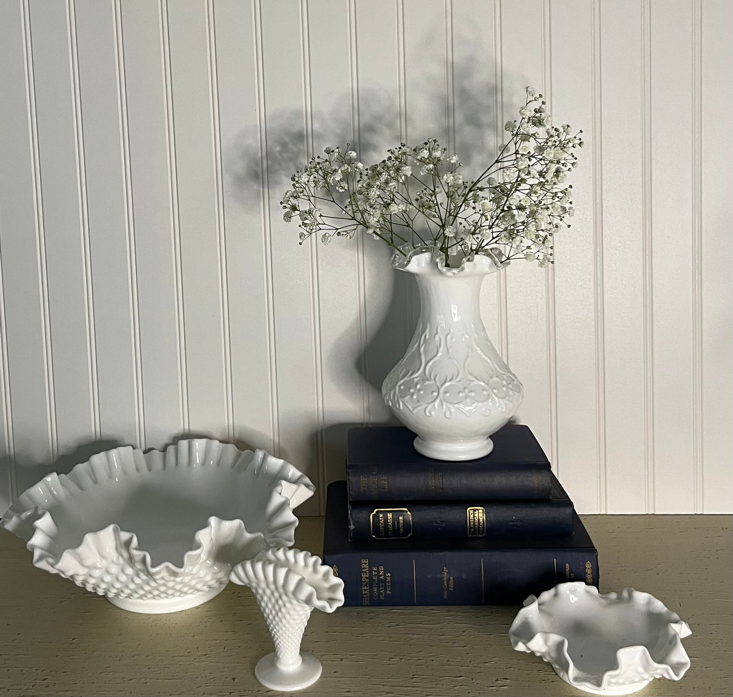 Vintage MCM Fenton Hobnail White Milk Glass Small Fan Vase - Ruffled Top