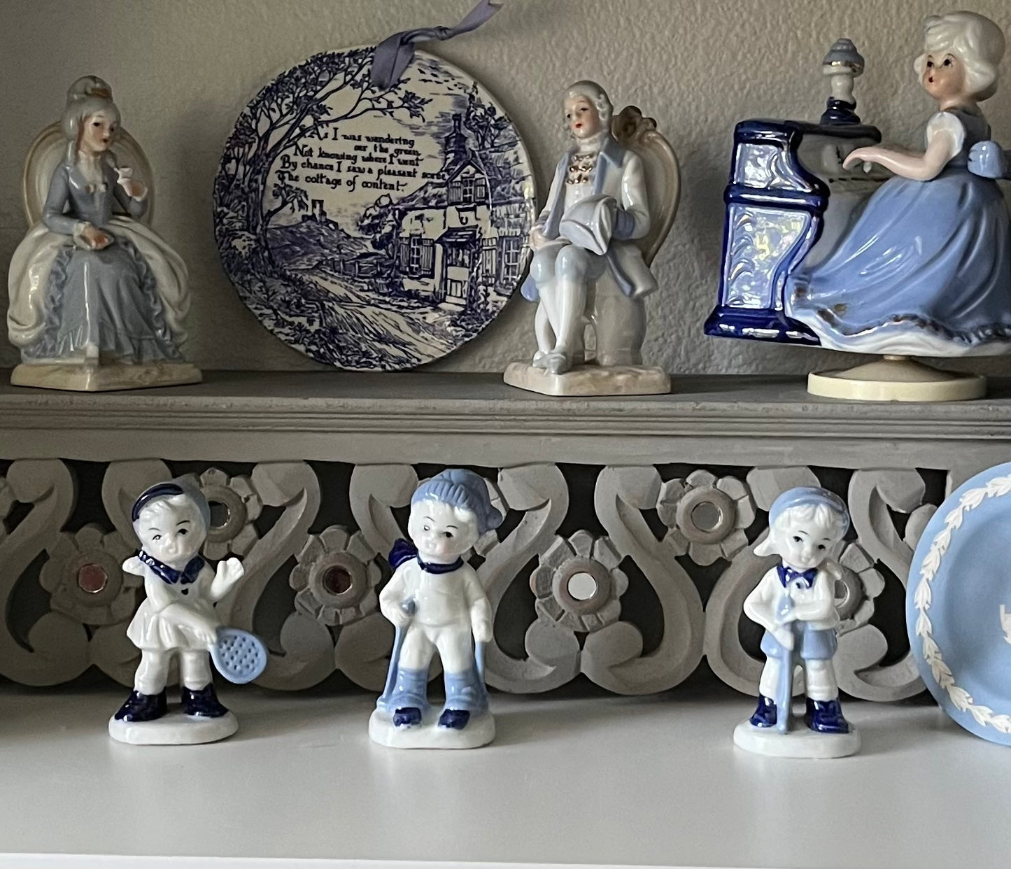 Vintage Blue and White Porcelain Little Boy Skiing Figurine - Charming Collectible from Lego Japan