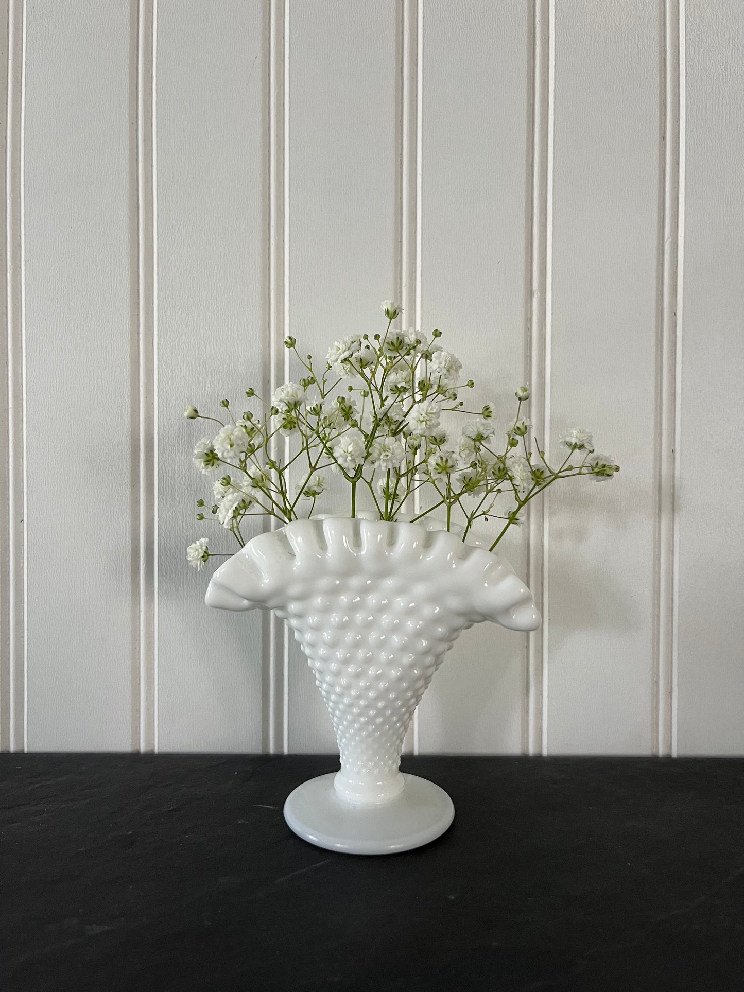Vintage MCM Fenton Hobnail White Milk Glass Small Fan Vase - Ruffled Top