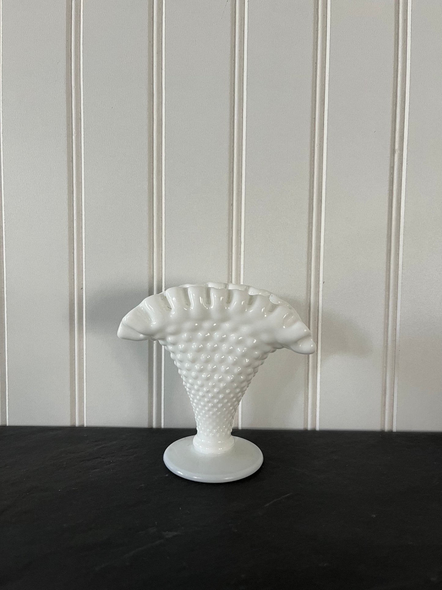 Vintage MCM Fenton Hobnail White Milk Glass Small Fan Vase - Ruffled Top
