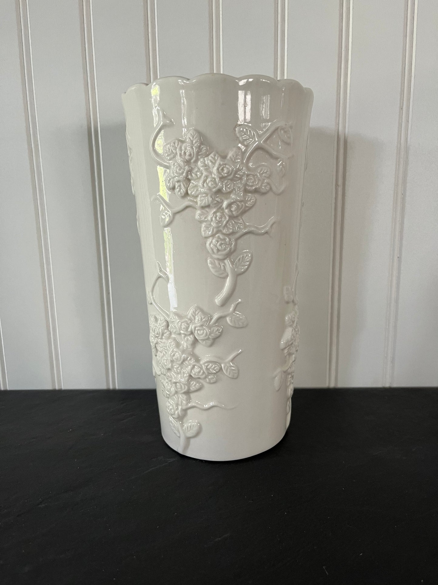 Vintage Rose Vine Embossed White Ceramic Scalloped Top Vase - 9.5" Height - 4.5" Diameter - Classic Elegance