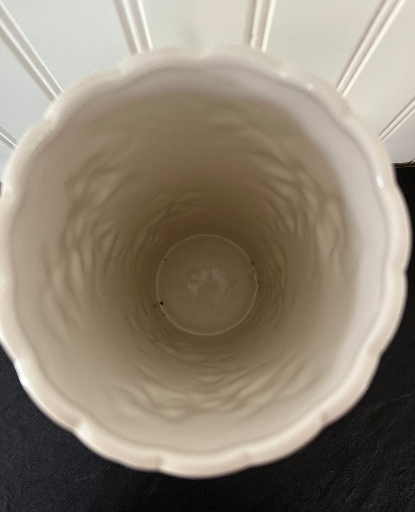 Vintage Rose Vine Embossed White Ceramic Scalloped Top Vase - 9.5" Height - 4.5" Diameter - Classic Elegance
