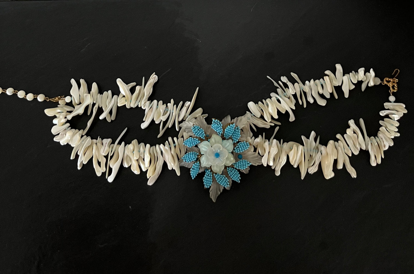 Vintage Stanley Hagler NYC/Ian Gielar Style Flower Bib Necklace - Mother of Pearl & Turquoise Beads - One-of-a-Kind Designer Jewelry
