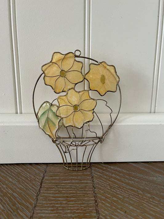 Vintage Capiz Shell Floral Wall Basket Yellow Hanging Decor Cottage Farmhouse 1970s