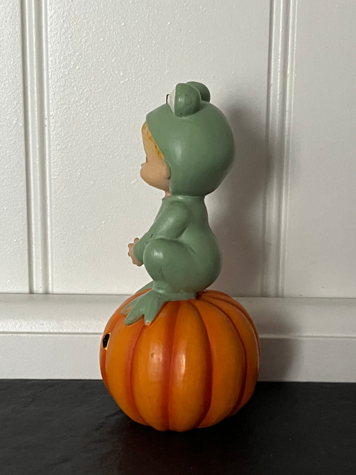 Vintage 1980’s Small Morehead Frog Costume Child on Jack-O’-Lantern Figurine,  Teenie Halloweenies | Curated Shelf & Trinket Display Décor