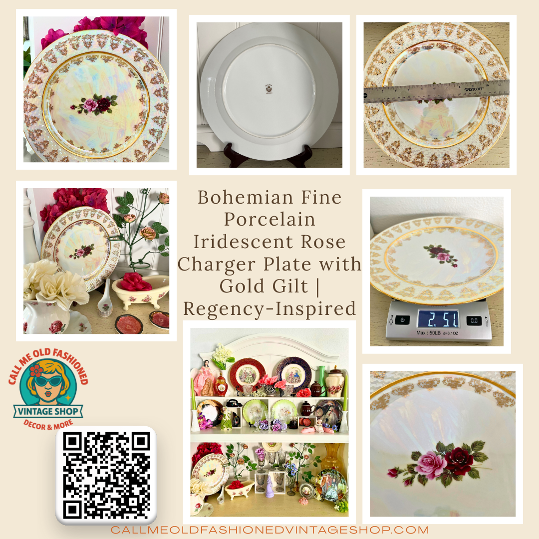 Bohemian Fine Porcelain Lusterware Iridescent Rose Charger Plate with Gold Gilt | Regency-Inspired