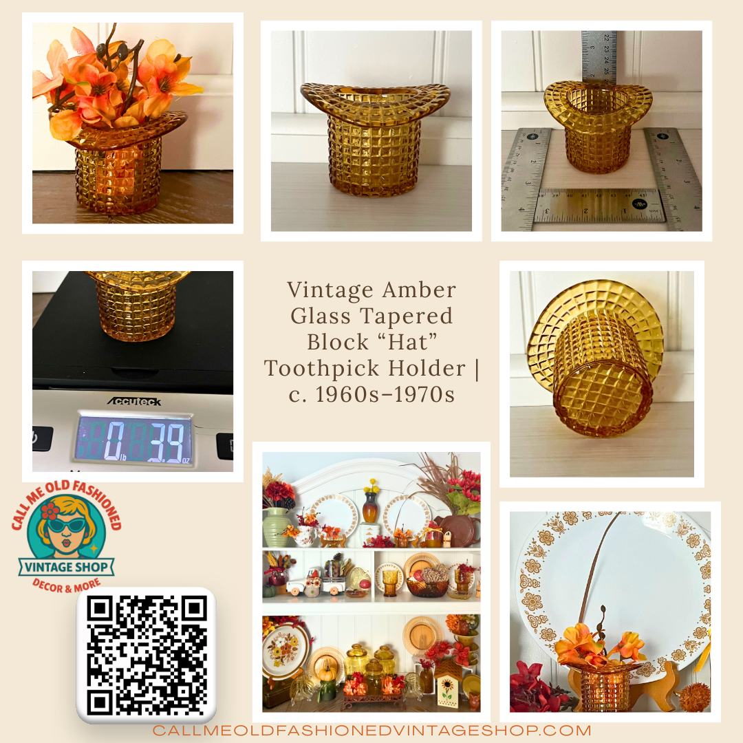 Vintage Amber Glass Tapered Block “Hat” Toothpick Holder | c. 1960s–1970s
