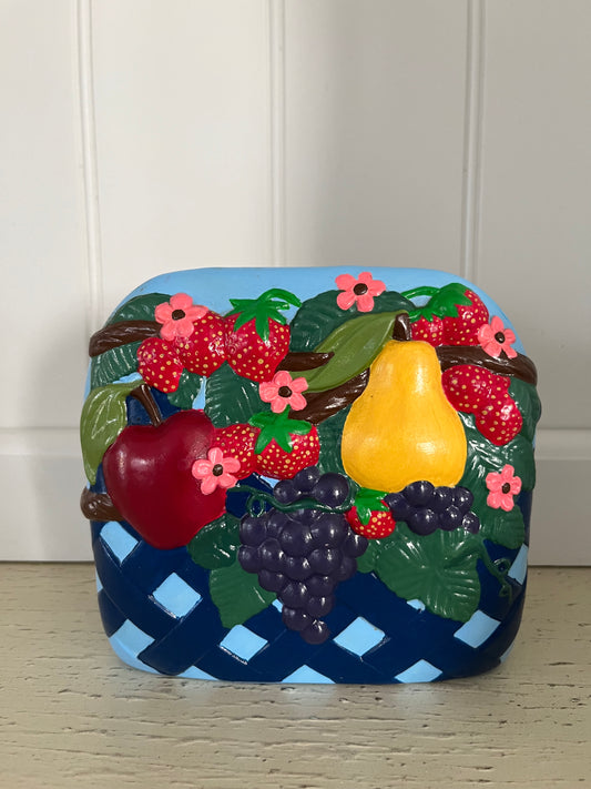1980s/1990s Vintage Hand-Painted Resin Fruit Basket Napkin Holder – Apple, Pear, Grapes & Strawberries with Floral Motif